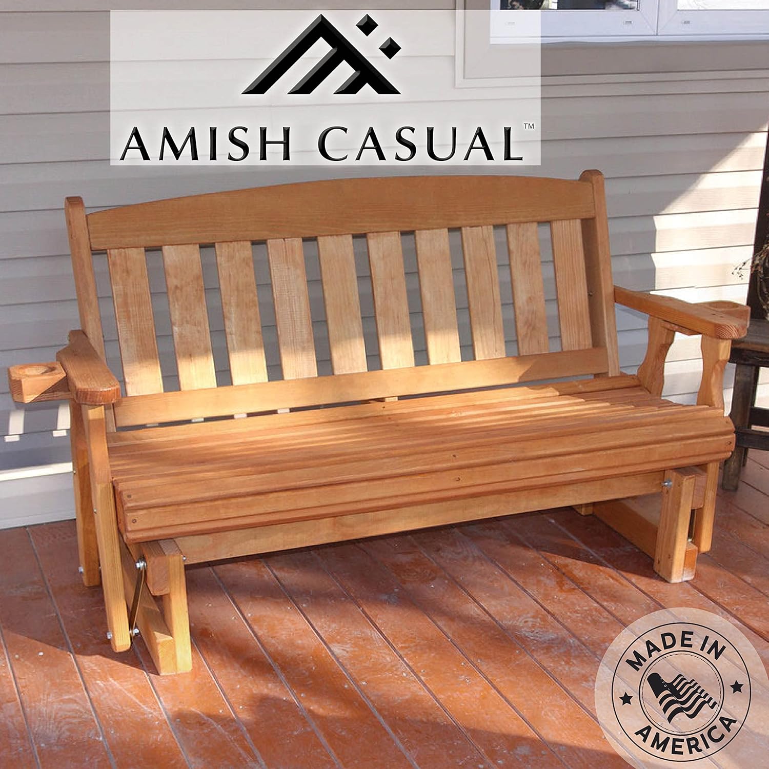 Amish Heavy Duty 800 Lb Mission Pressure Treated Porch Glider with Cupholders (4 Foot, Cedar Stain)
