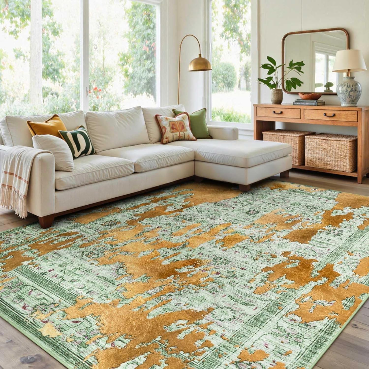 8x10 Ft Extra Large Washable Area Rugs for Living Room, Thin Floral Vintage Print Rug Non Slip Carpet for Bedroom Dining Room Kidsroom Home Decor (Orange Green) 8' x 10' (Rectangular) C-orange Green