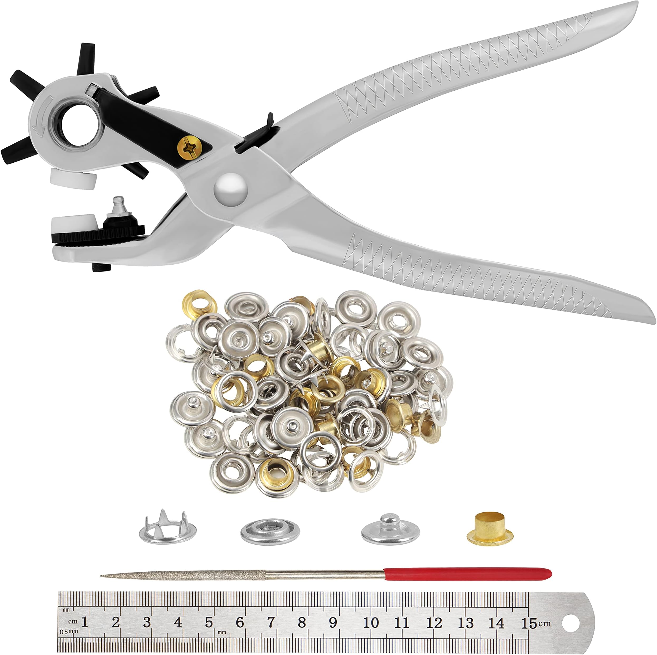 Kurtzy Revolving Leather Hole Punch Plier Tool with Eyelets, Ruler & File - Heavy Duty Belt Puncher for Multi Sized 3.9-5.5mm Holes - Fabric, Watches, Saddles, Collars, Canvas & DIY Home Craft