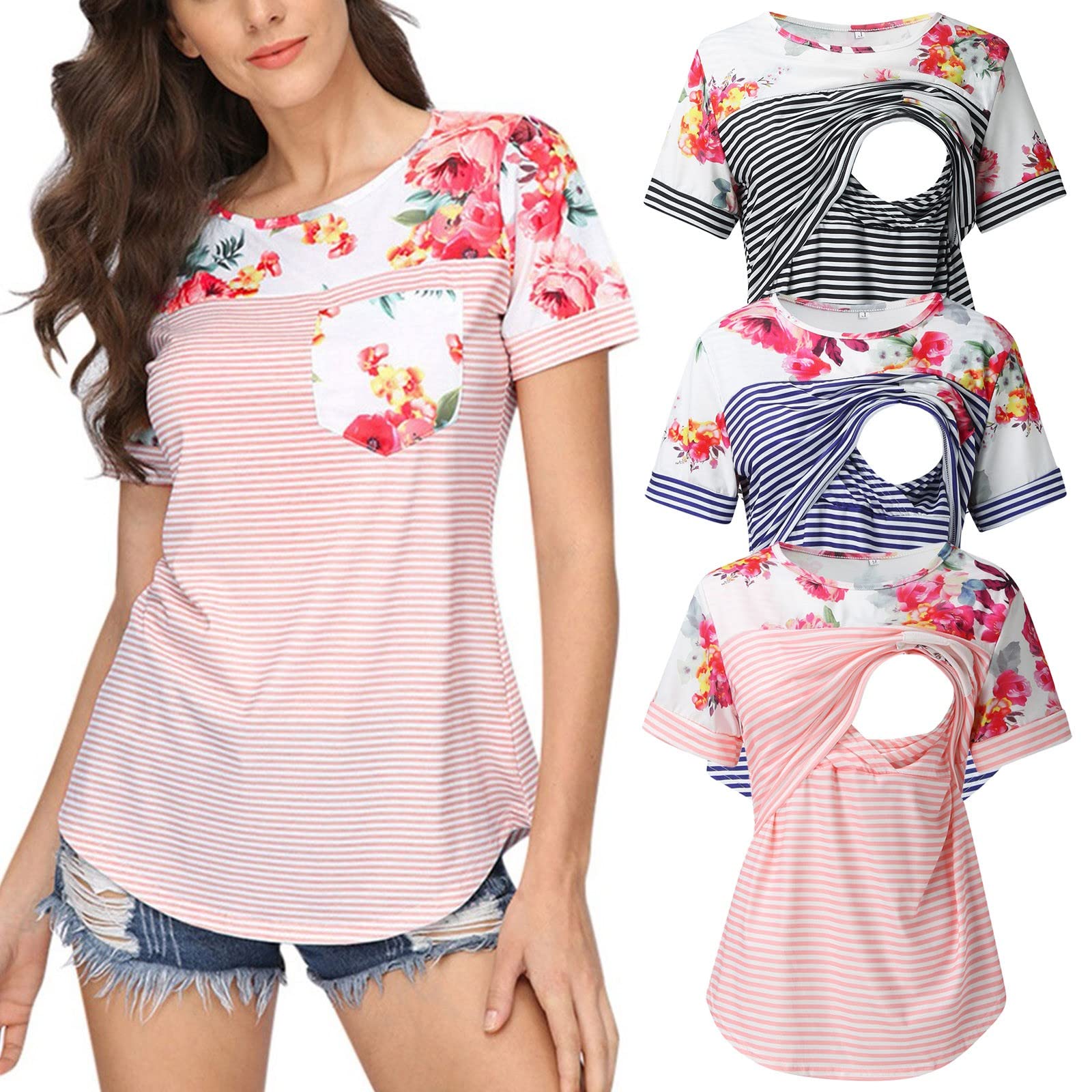 Umstandsmode Tshirt Damen Nursing Umstandstop Schwangerschafts Kleidung Umstandsshirt Schwangerschaft T-Shirt Stillshirt Kurzarm Stillkleidung Umstands Still Oberteil Mit Kurzen Ärmeln Zum Stillen