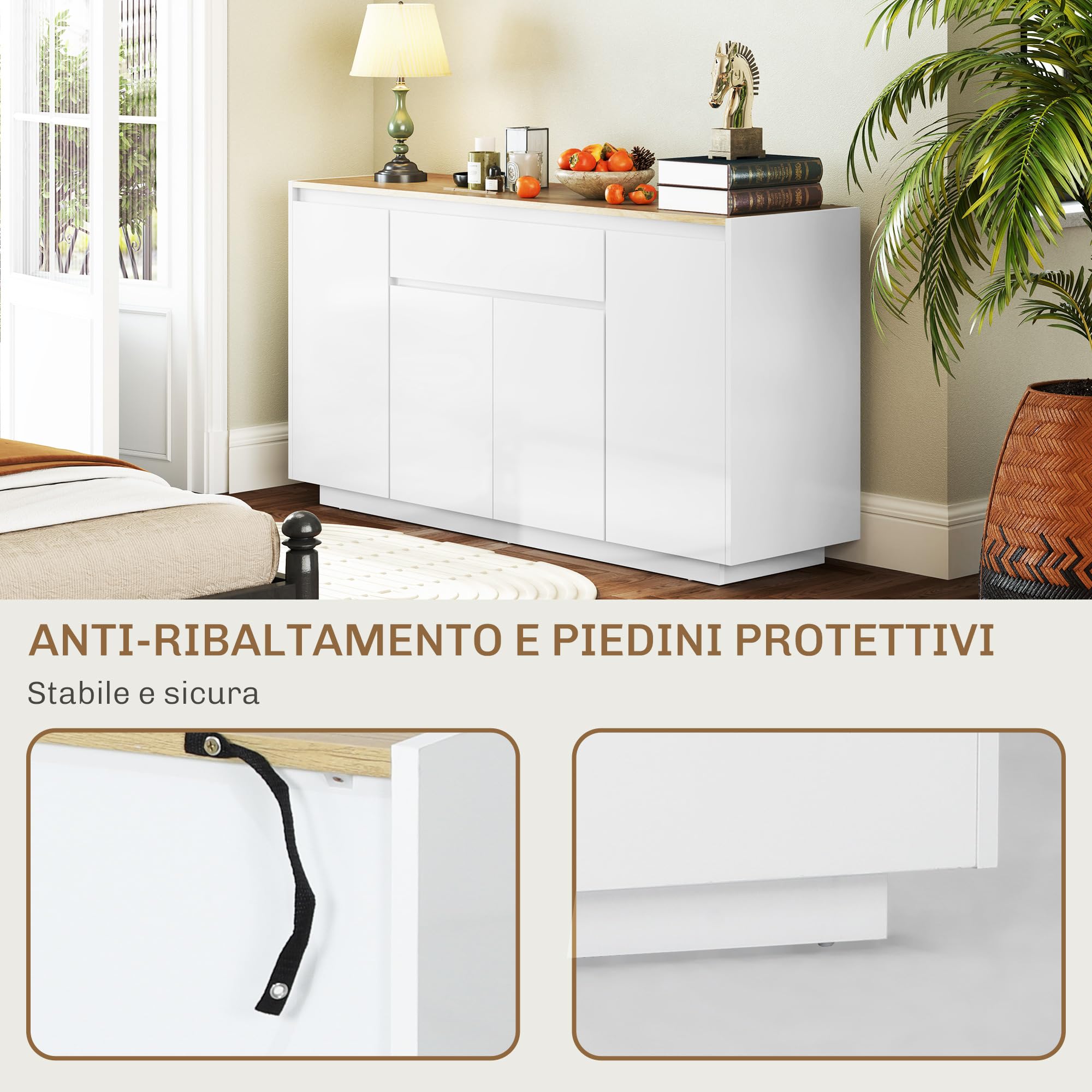 HOMCOM Credenza Cucina con 3 Armadietti a 4 Ante, Mobile Cucina Moderna con Cassetto, Ripiano Regolabile e Ante Soft-Close, Madia in Legno MDF per Soggiorno, Sala da Pranzo, 140x40x75 cm, Bianco