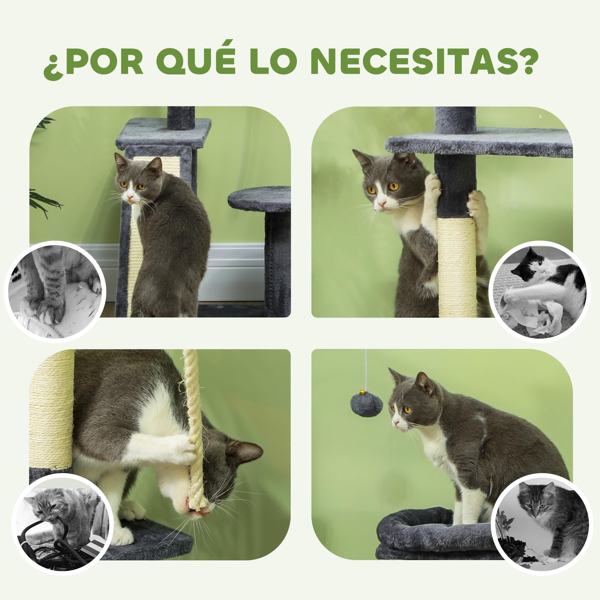 PawHut Árbol Rascador para Gatos 134 cm, Torre para Gatos Gris Oscuro | Rascador con Nidos Cueva, Plataformas, Bolas de Juguete, Postes de Sisal