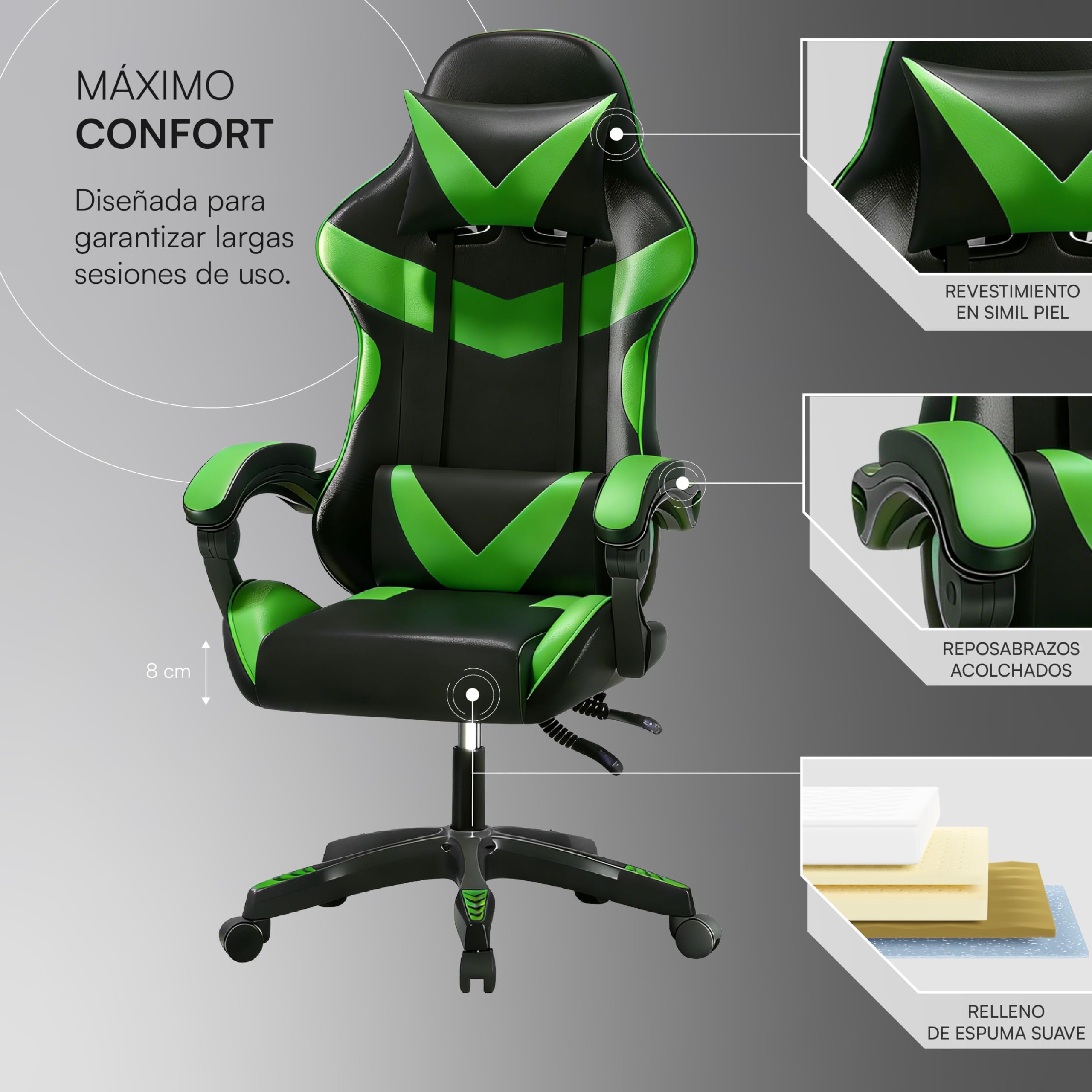 Baroni Home Silla Gaming con respaldo ergonómico inclinable y altura ajustable, silla de oficina con soporte lumbar, reposacabezas acolchado, 50 x 62 x 110-120 cm, negra y verde