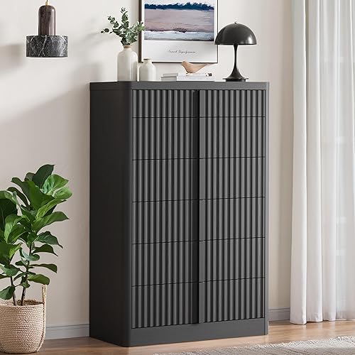 Cómoda acanalada para dormitorio, cómoda de 6 cajones de 48 pulgadas de alto, cómoda moderna con mango de madera maciza, diseño de perfil curvo,