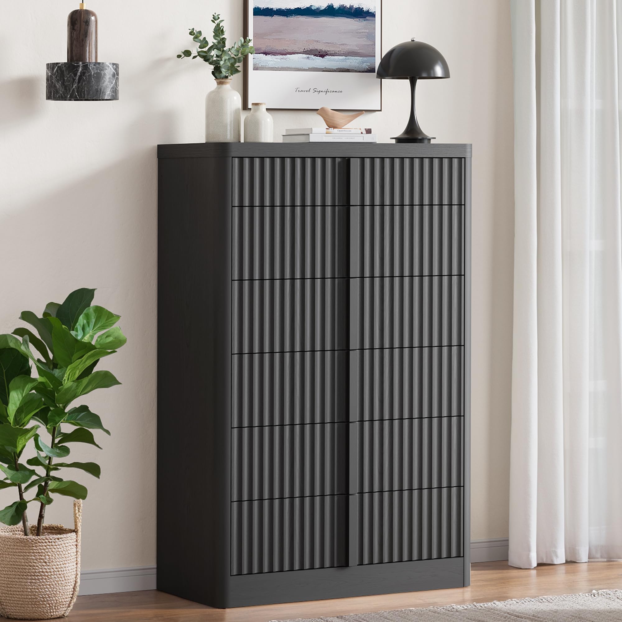 fluted dresser for bedroom, 48" tall 6 drawer dresser, modern chest of drawers with solid wood handle, curved profile design, wood dressers storage organizer, living room, hallway, black