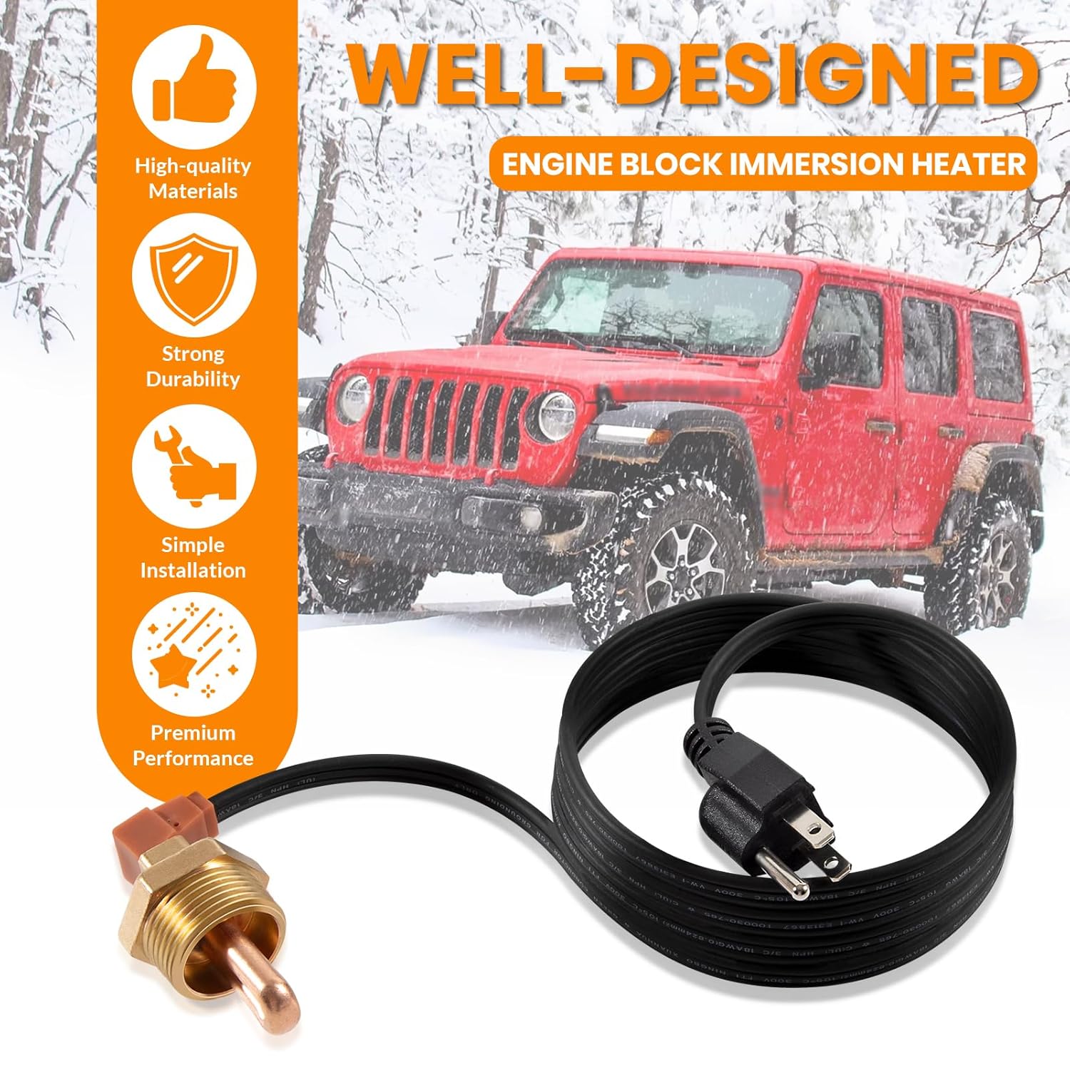 3100003 Engine Block Immersion Heater for Eagle, Jaguar, Jeep, Renault, Kubota, Perkins, Yanmar, 1" NPT Brass Adapter, 120V, 400W, Fast Heating & Durable Copper Core