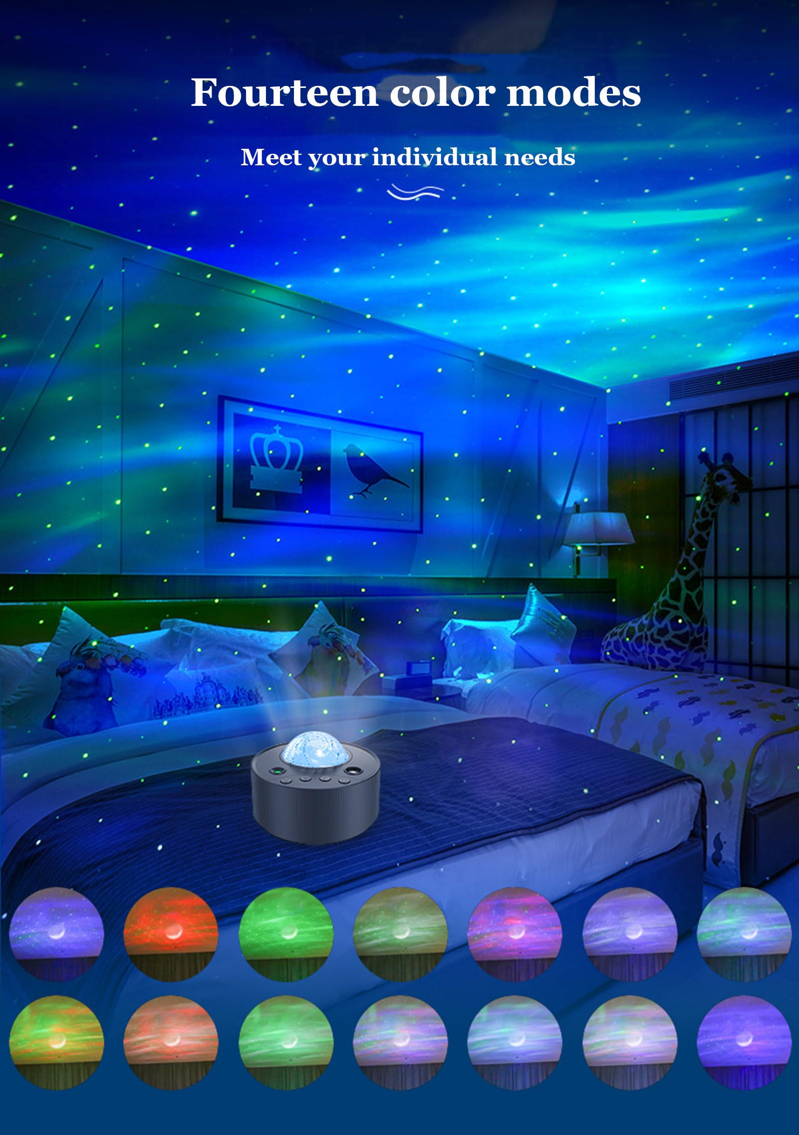 Máquina para Dormir con Ruido Blanco, 5 Sonidos, Altavoz inalámbrico Bluetooth con luz Nocturna de 14 Colores, lámpara de proyección de Estrellas USB, para bebés, Adultos y niños.