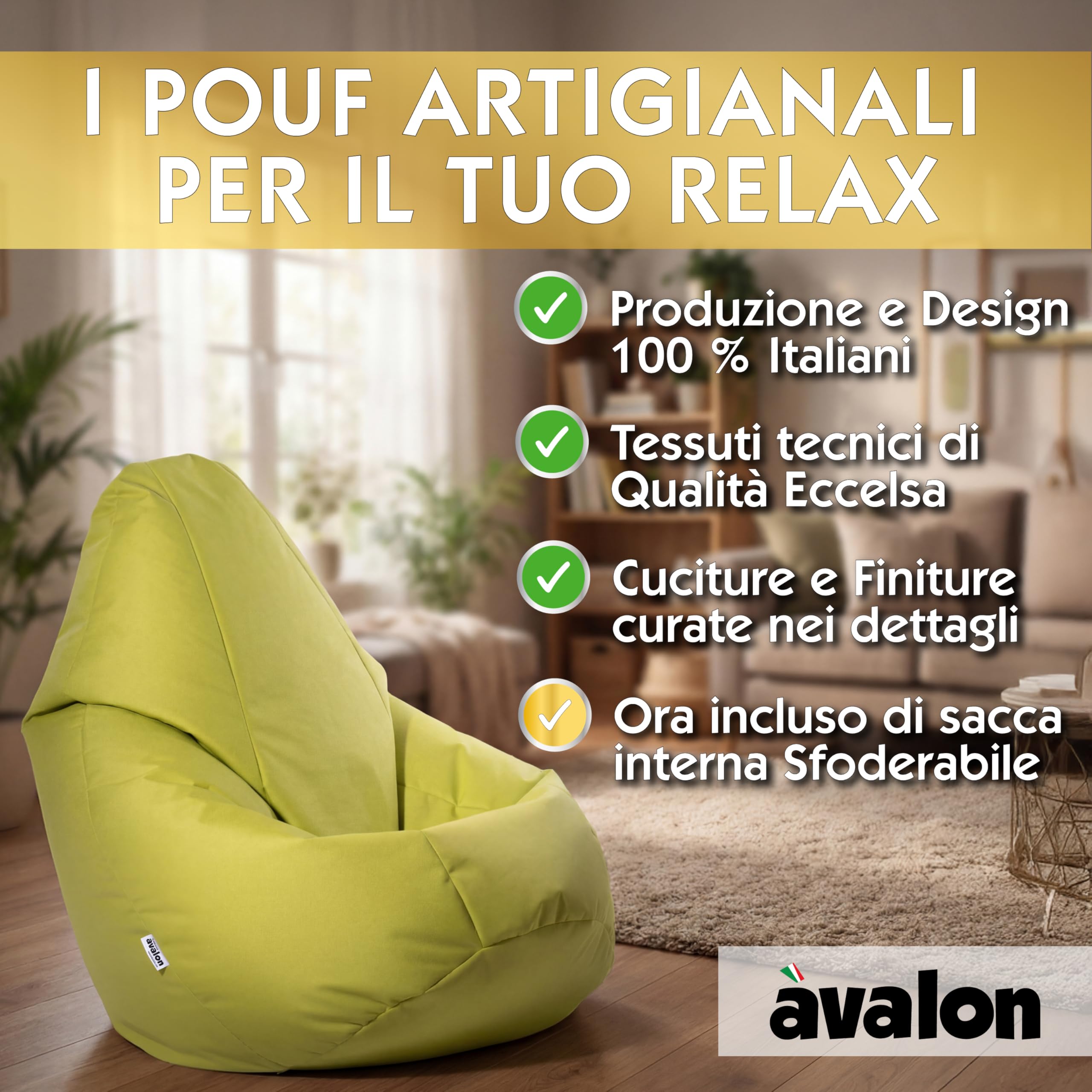 Avalon - Puff Poltrona Sacco Grande L Jive Deluxe Sfoderabile, Pouf Sacco di Qualità Sartoriale, Bean Bag per Sedersi Ergonomico, Tessuto Antistrappo Impermeabile, Made in Italy(80x125cm-Arancio)