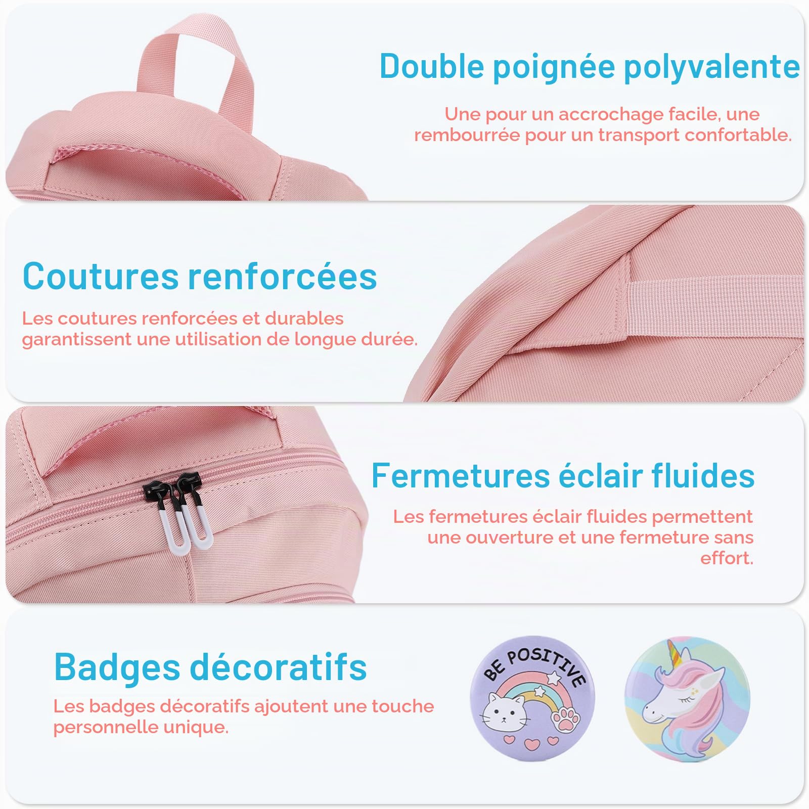 VASCHY Cartable Fille Primaire, Sac à Dos 18 L Léger Multi-poches Rose