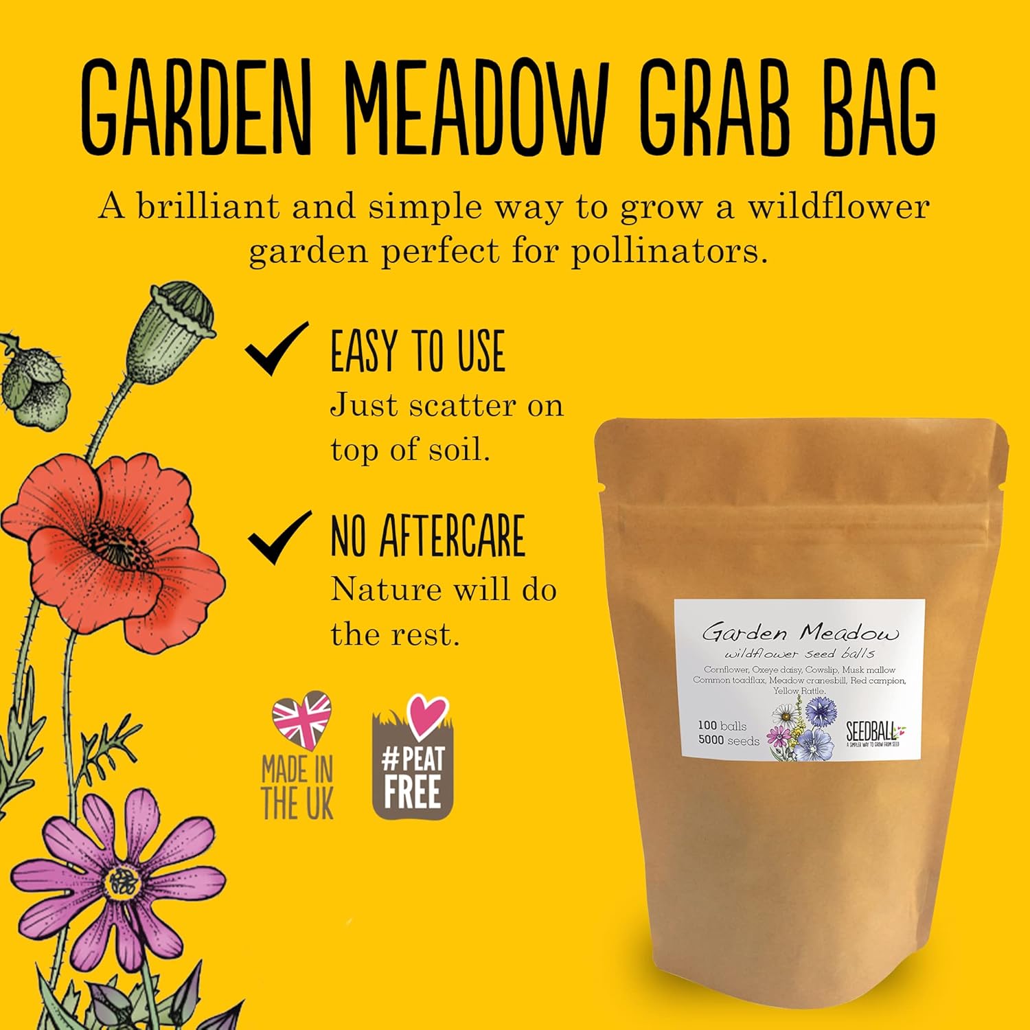 Seedball Garden Meadow Seed Bag, Wildflower Seed Bombs, UK Native