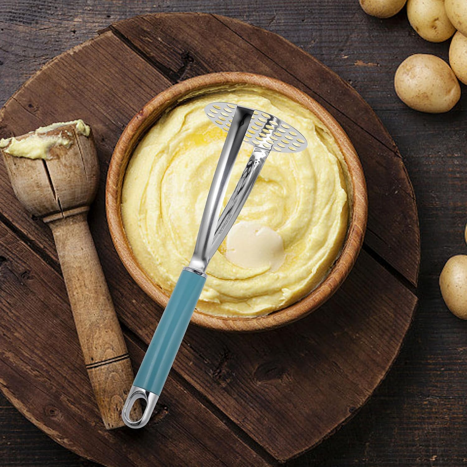 304 Stainless Steel Potato Masher with Silicone Handle, Reusable Food Grinder and Crusher Tool for Kitchen and Food Preparation