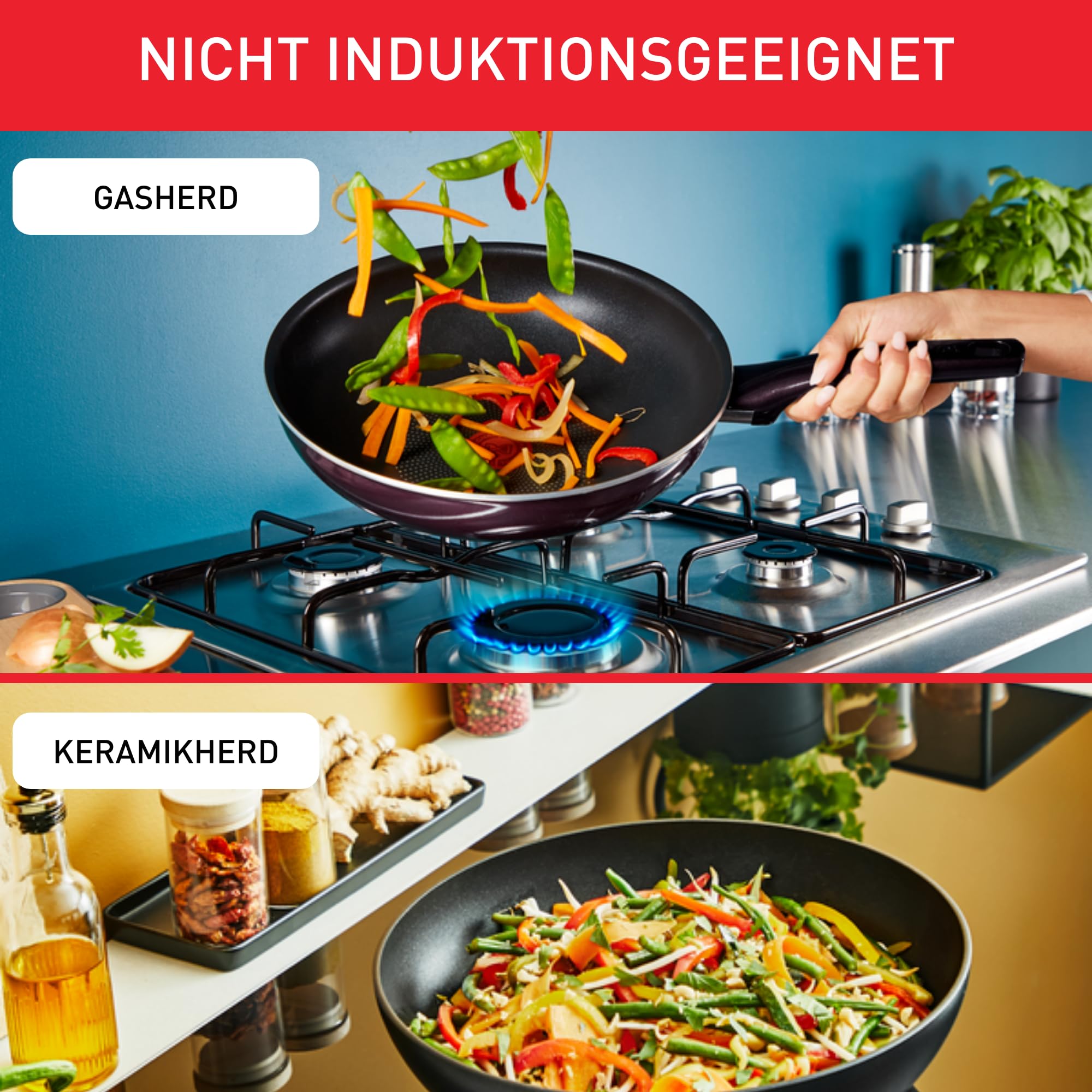 Tefal Day by Day On Wokpfanne 28 cm, Antihaftbeschichtung, Thermo-Signal bei idealer Brattemperatur, nicht induktionsgeeignet, tiefe Form, Aluminium, B56419