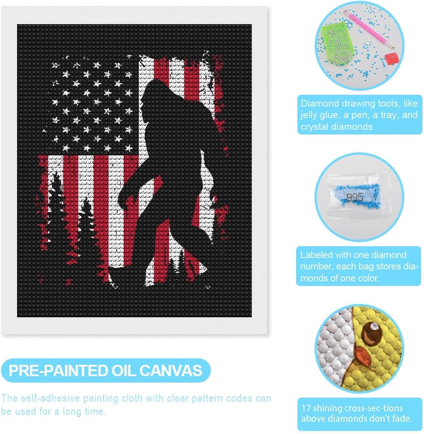 Bigfoot and American Flag Diamond Painting Kits Diamond Art Frames Full Drill Diamond Painting Picture Decor for Wall Window Door 16"x20"
