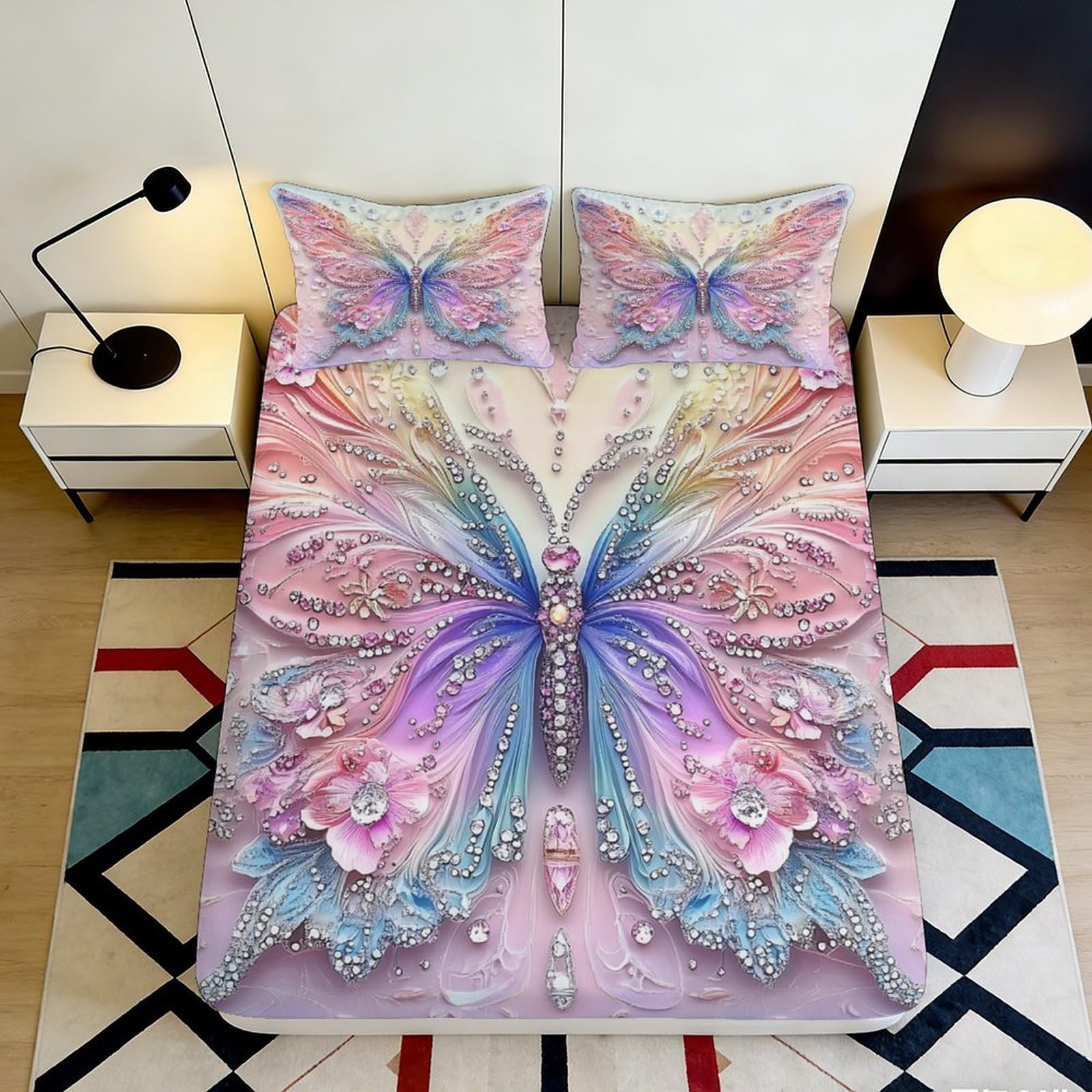 3D Printed Jewel Butterfly Fitted Sheet Microfiber Pastel Floral Mattress Cover for Bedroom Dorm Decor Protection 90x200x25cm