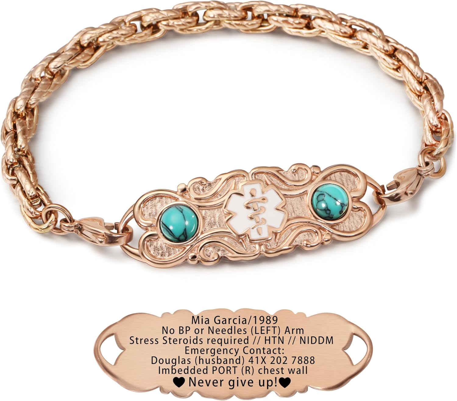 Custom Engraved Medical Alert Bracelet for Women - Natural Stone, Waterproof Stainless Steel, Personalized Emergency ID for Diabetes/Allergy/Blood Thinner/Epilepsy, Daily Wear