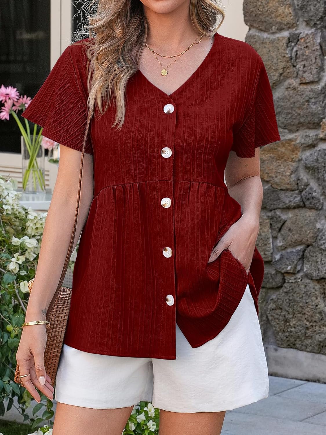 Tankaneo Womens Babydoll Tops Summer Short Sleeve Peplum Flowy Blouse Casual Spring Loose Button Down V Neck Ruffle Shirts - Image 6