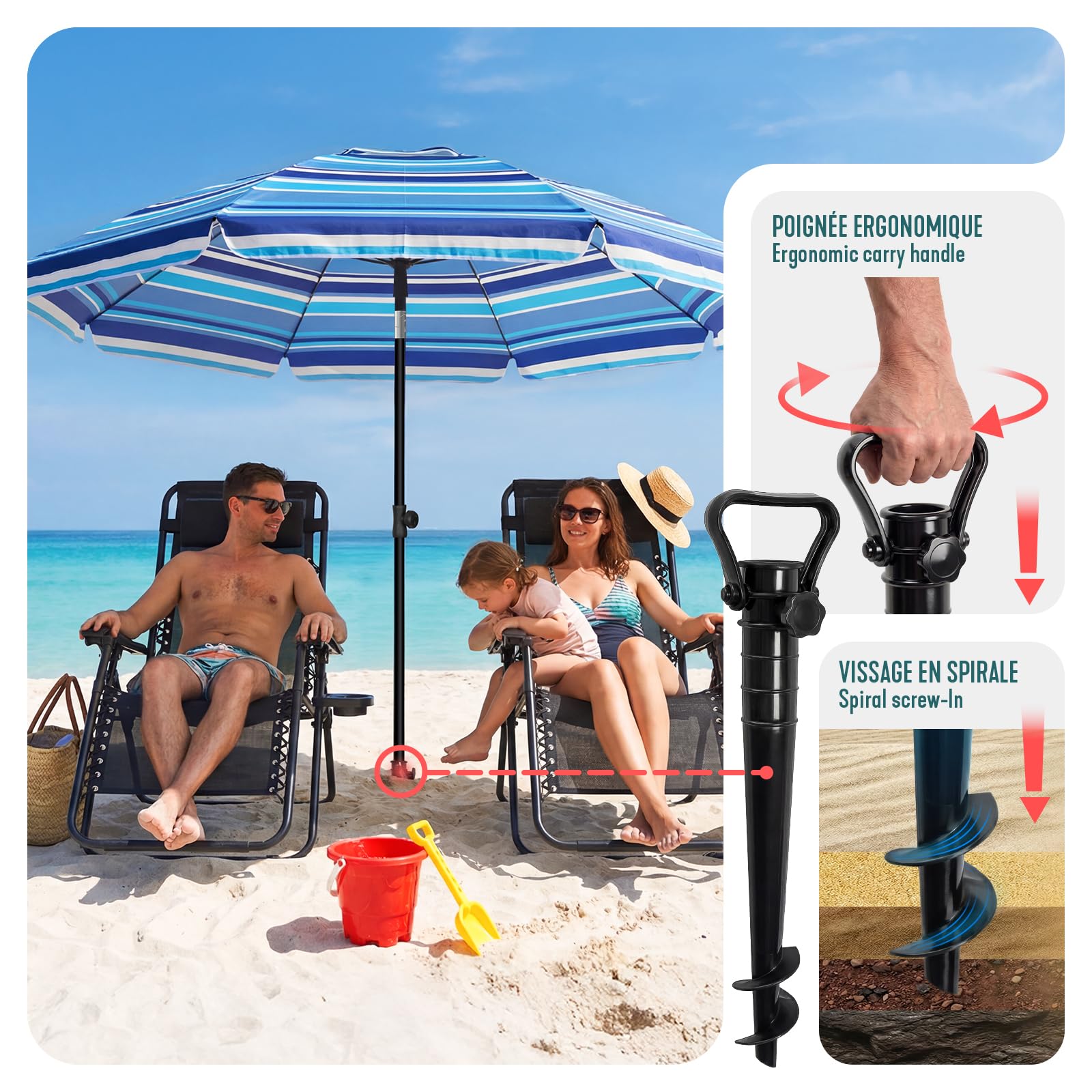 VOUNOT® 2m Tilting Garden Parasol with Ground Anchor, Beach Umbrella with Carry Bag, UV 50+, Adjustable Outdoor Parasol for Patio, Deck & Table, Mixed Blue Stripes — view 6