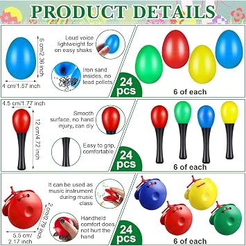120 Pcs Maracas Shaker Musical Instruments Egg Shaker Wrist Hand Band Bells Maracas Percussion Tambourine Cymbals Plastic Castanets