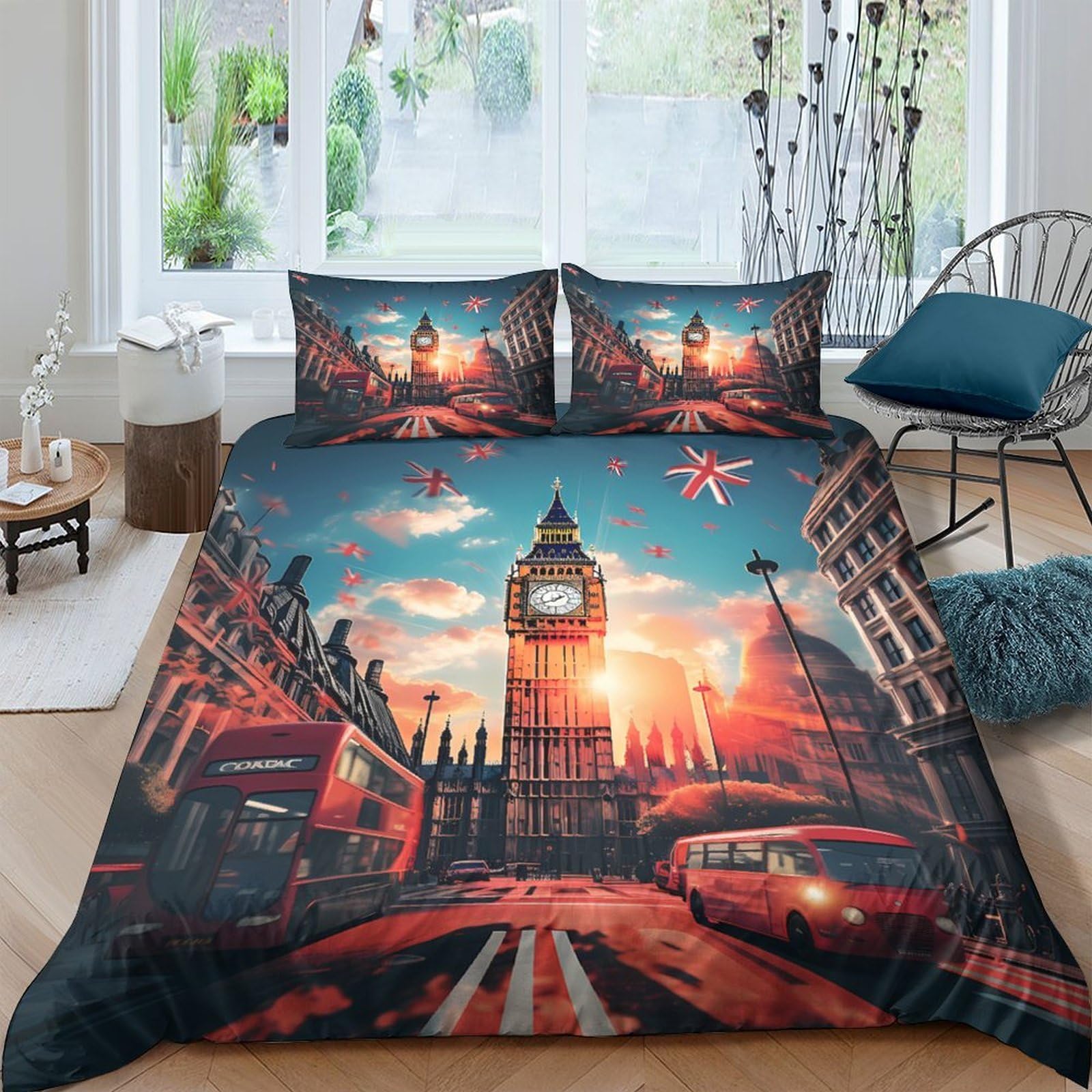 Ctjqhvkz Style-3 3D Printed London Cityscape Fitted Sheet Microfiber Soft Red Bus Big Ben Bed Cover For Bedroom Guest Room Decor Single（135X200cm）