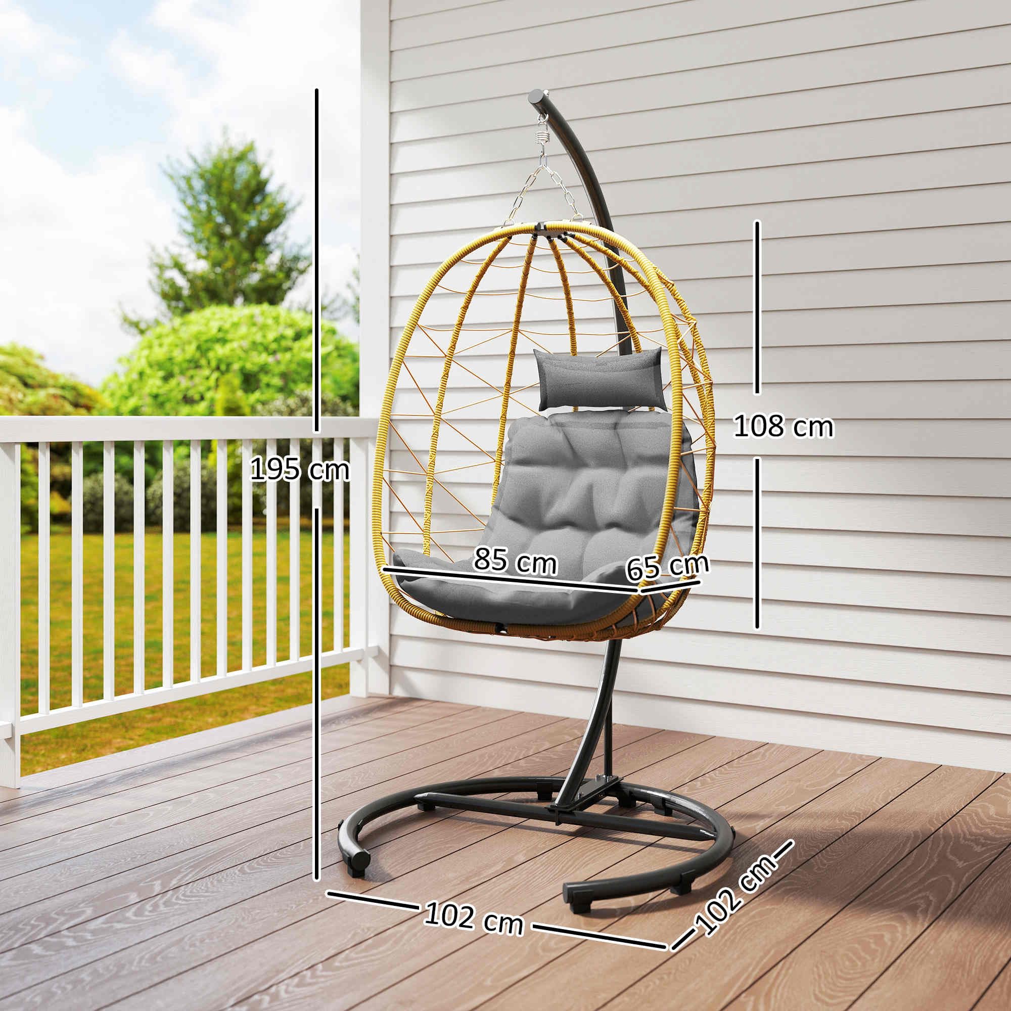 Outsunny Poltrona Sospesa 150kg Max 102x102x195 cm Nera Grigia e Beige | Cesto Pieghevole e Cuscini, Poltrona Sospesa da Giardino, Acciaio e Rattan PE