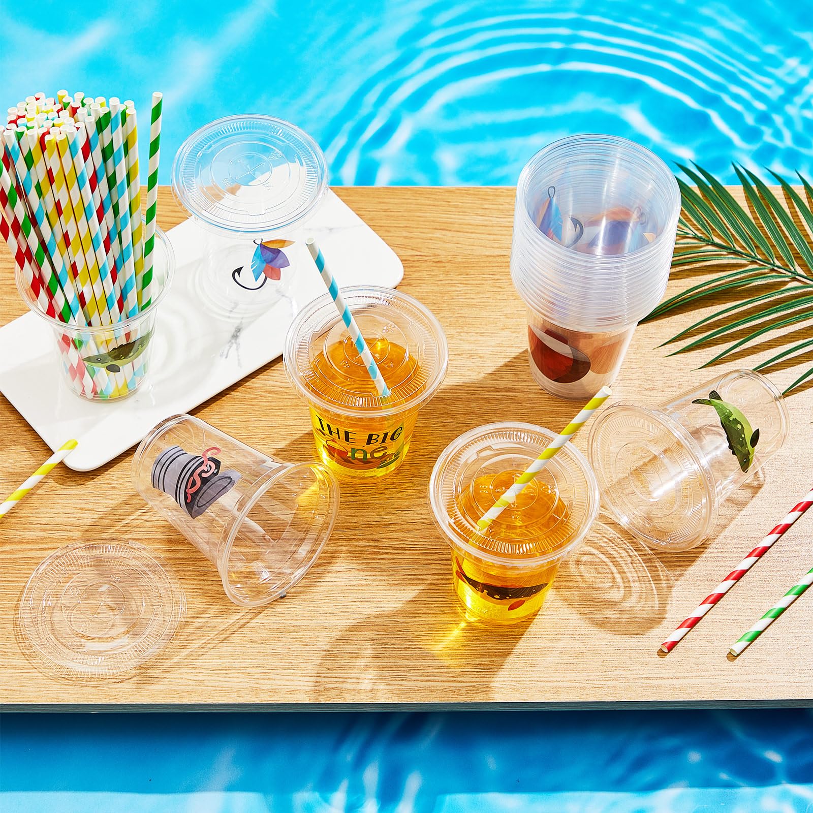 clear plastic cups with fish lure inside Qinyoung 60 Sets Watercolor Gone Fishing Party Lids and Straws temple reef How to rig a Size:6.5 Use them to serve