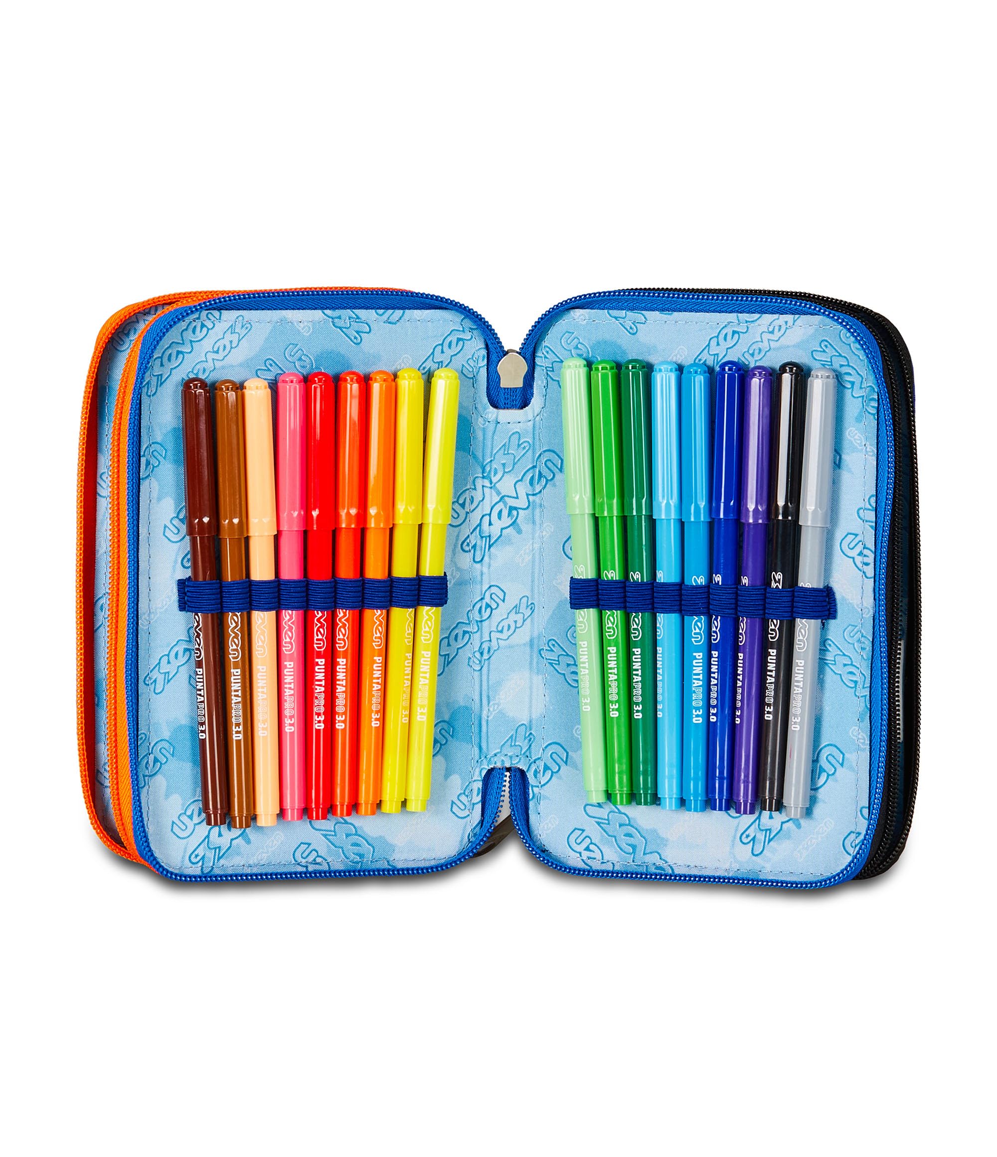 Seven Astuccio Scuola 3 Zip, Reflex Blue, Shadefull Boy, Portapenne Triplo Scomparto Completo Di Penne, Matite, Colori, Accessori Zaino, Elementari, Medie, Superiori, Ragazzo Ragazza