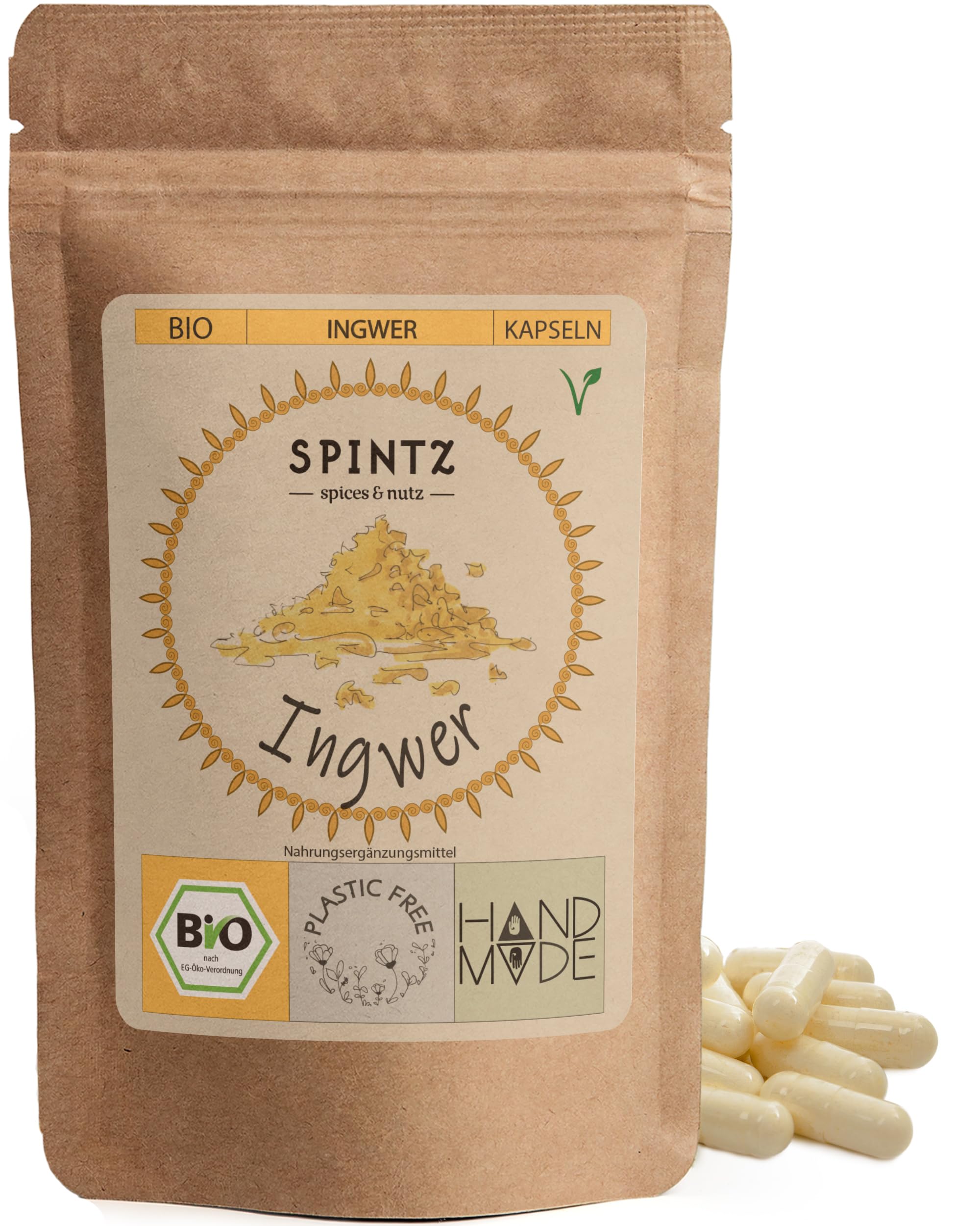 SPINTZ® 420 Stk. Bio Ingwer Kapseln - vegane Ingwer Kapseln hochdosiert - 2000 mg Ingwer Pulver Bio je Tagesdosis - Ingwerwurzel gemahlen | plastikfrei und nachhaltig verpackt
