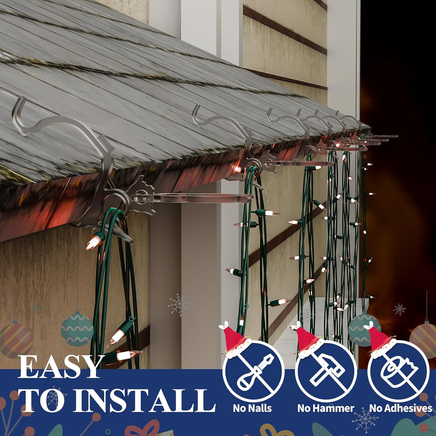 Holiday Light Clips [Set of 200] Christmas Outdoor Light Clips - Mount to Shingles & gutters - Works with Mini, C6, C7, C9, Rope, Icicle Lights - No Tools Required