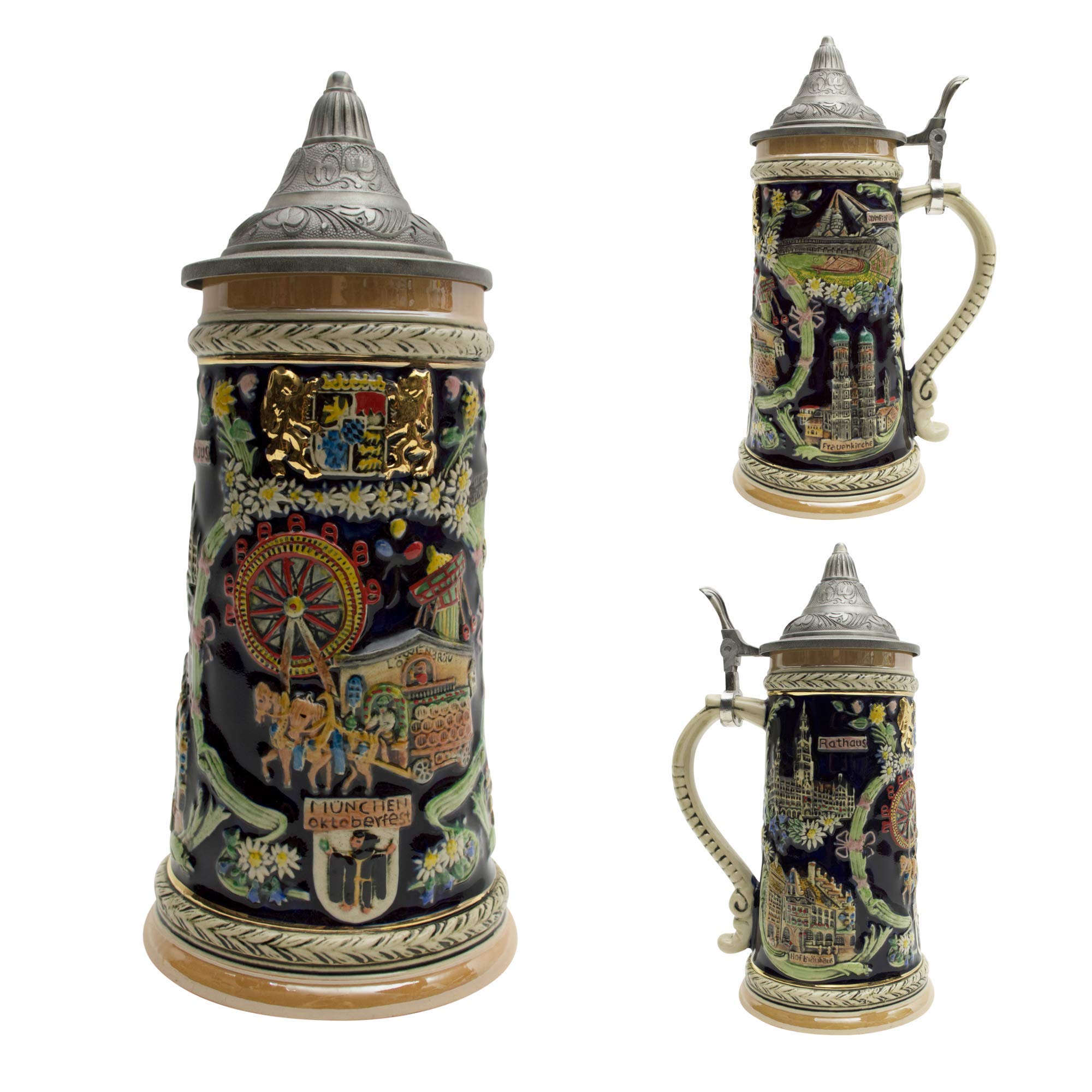 Essence of Europe Gifts 1 Liter | OktoberfestHaus Large Beer Stein Tankard Mug Hand-Painted Engraved Munich Oktoberfest Beer Stein With Metal Lid Beer Mugs for Men