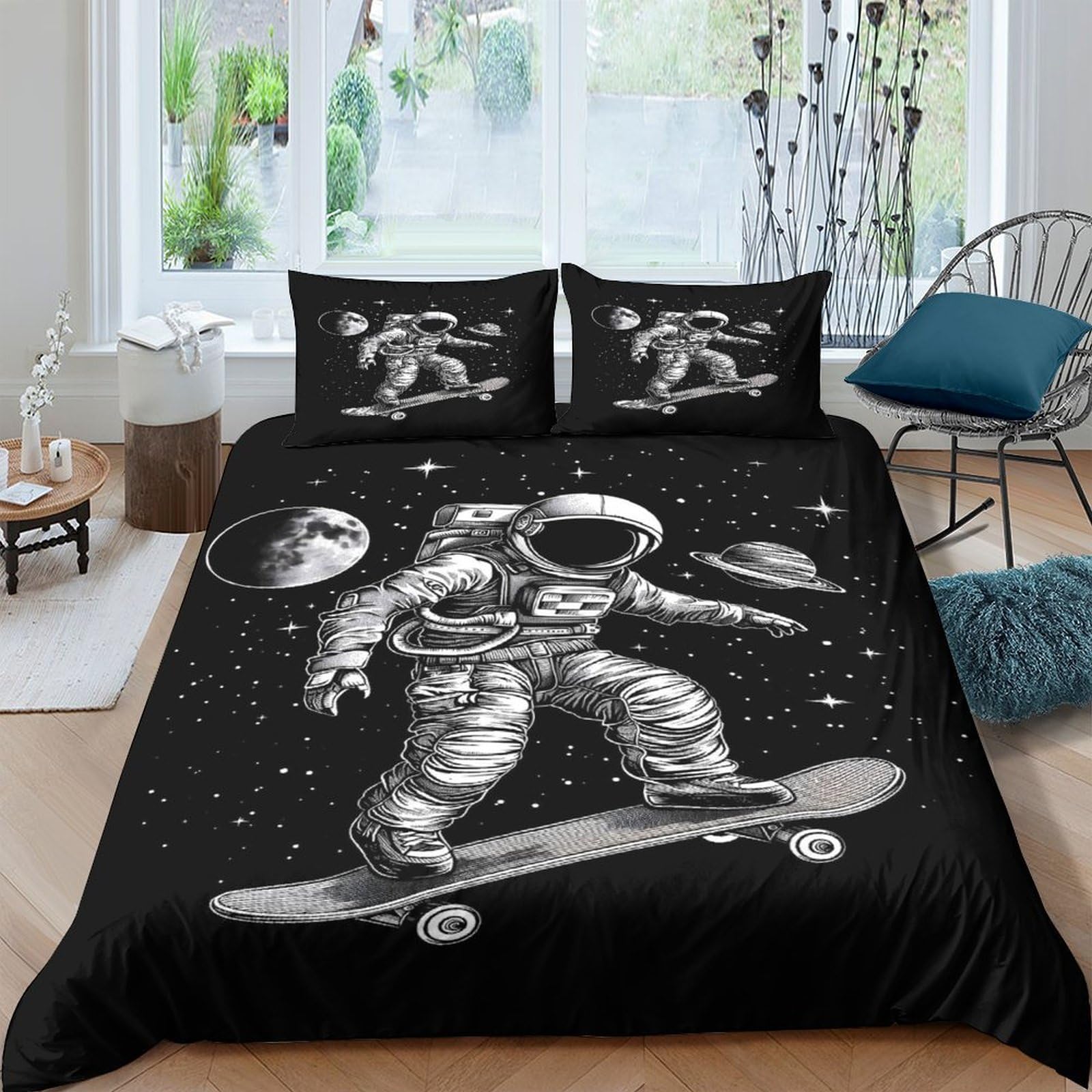 Ctjqhvkz Style-1 3D Printed Astronaut Skateboard Fitted Sheet Microfiber Black Space Mattress Cover Bedroom Dorm Protect Decor Single（135X200cm）