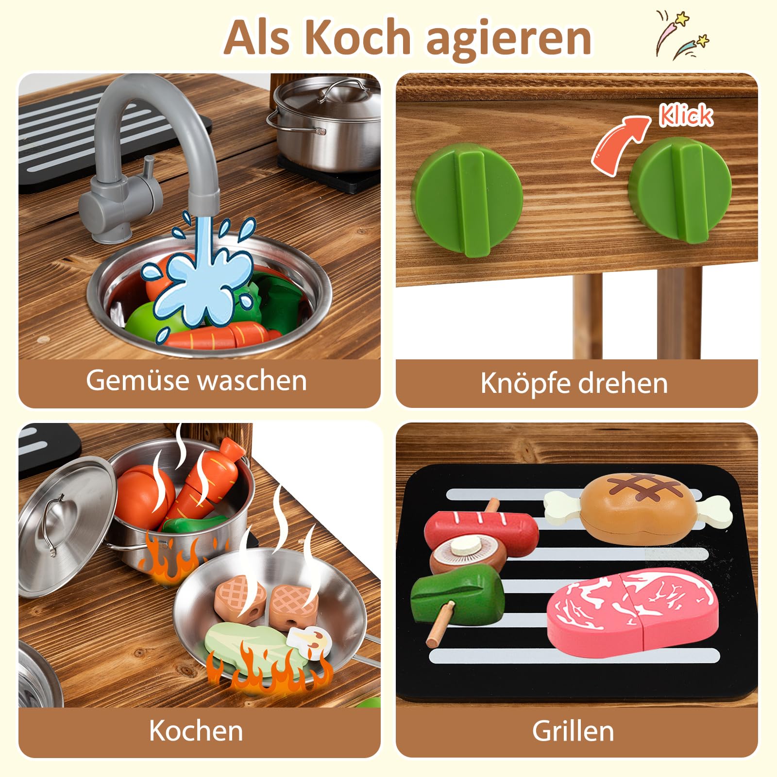 COSTWAY Matschküche Kinder Outdoor, Doppelseitige Kinderküche mit Dach, Schultafel, Spüle & Wasserhahn, Outdoorküche Spielküche Holz für Jungen & Mädchen ab 3 Jahren