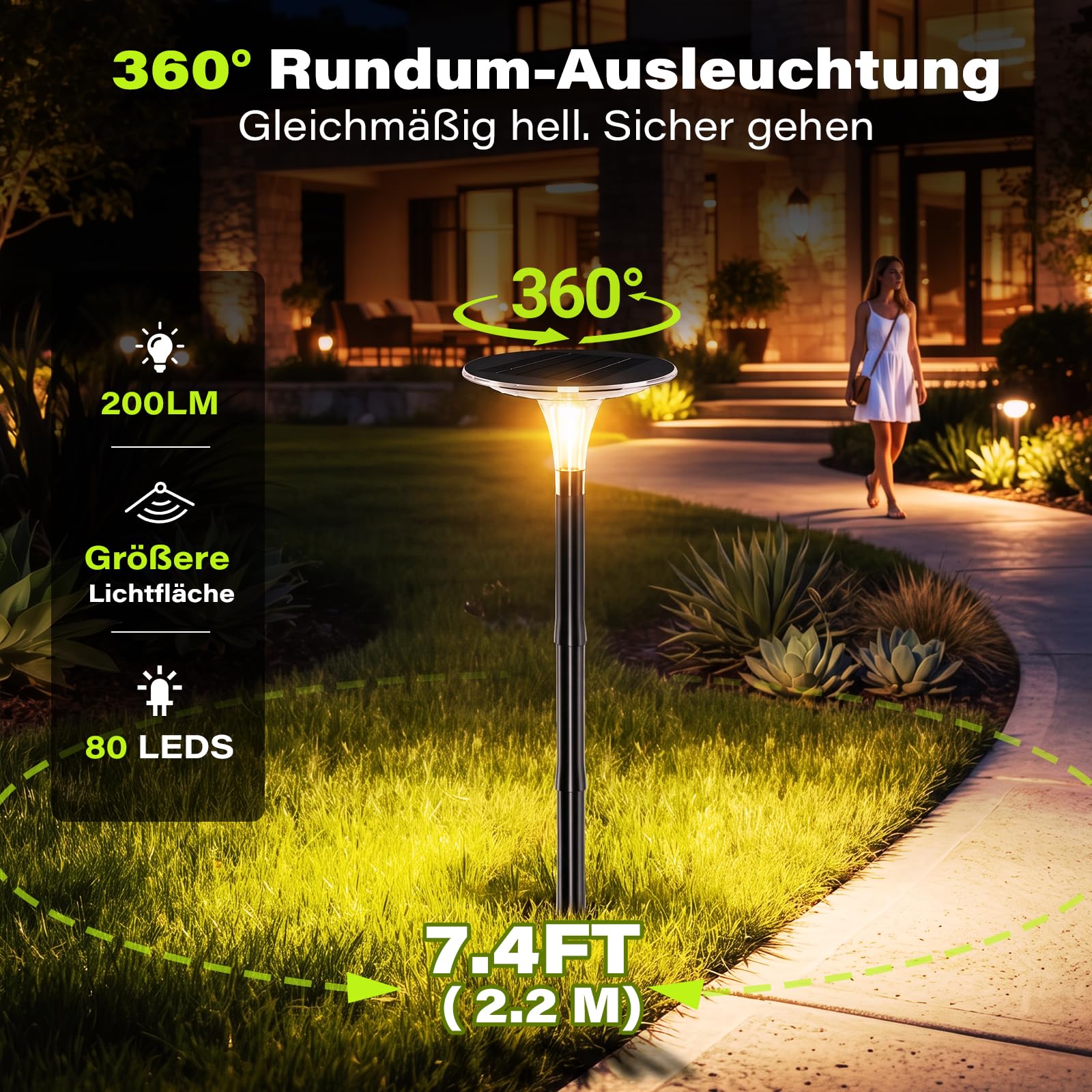 Solarlampen für außen Garten, 4er-Set Wegeleuchten, 3 Lichtfarben | 3000K/4500K/6500K, 200 lm, 360° Rundumlicht, über 12 Std. Laufzeit, IP65, 3 Höhen für Wege Einfahrt und Terrasse