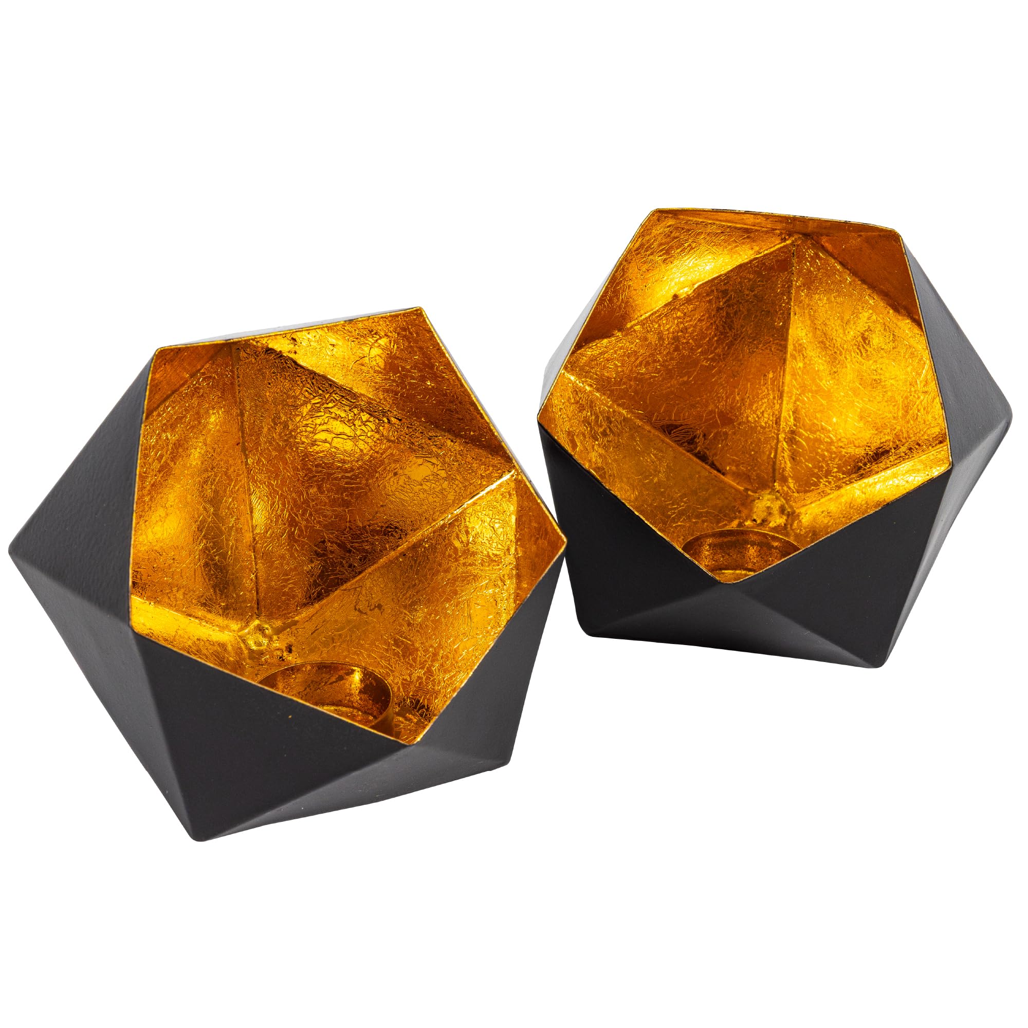 Gadgy Portavelas Negro Dorado - Lámpara de Viento Decoración de Mesa 2 Piezas - Portavelas de Metal en Forma de Diamante - Set de Decoración para el Hogar Ø15 x 14cm