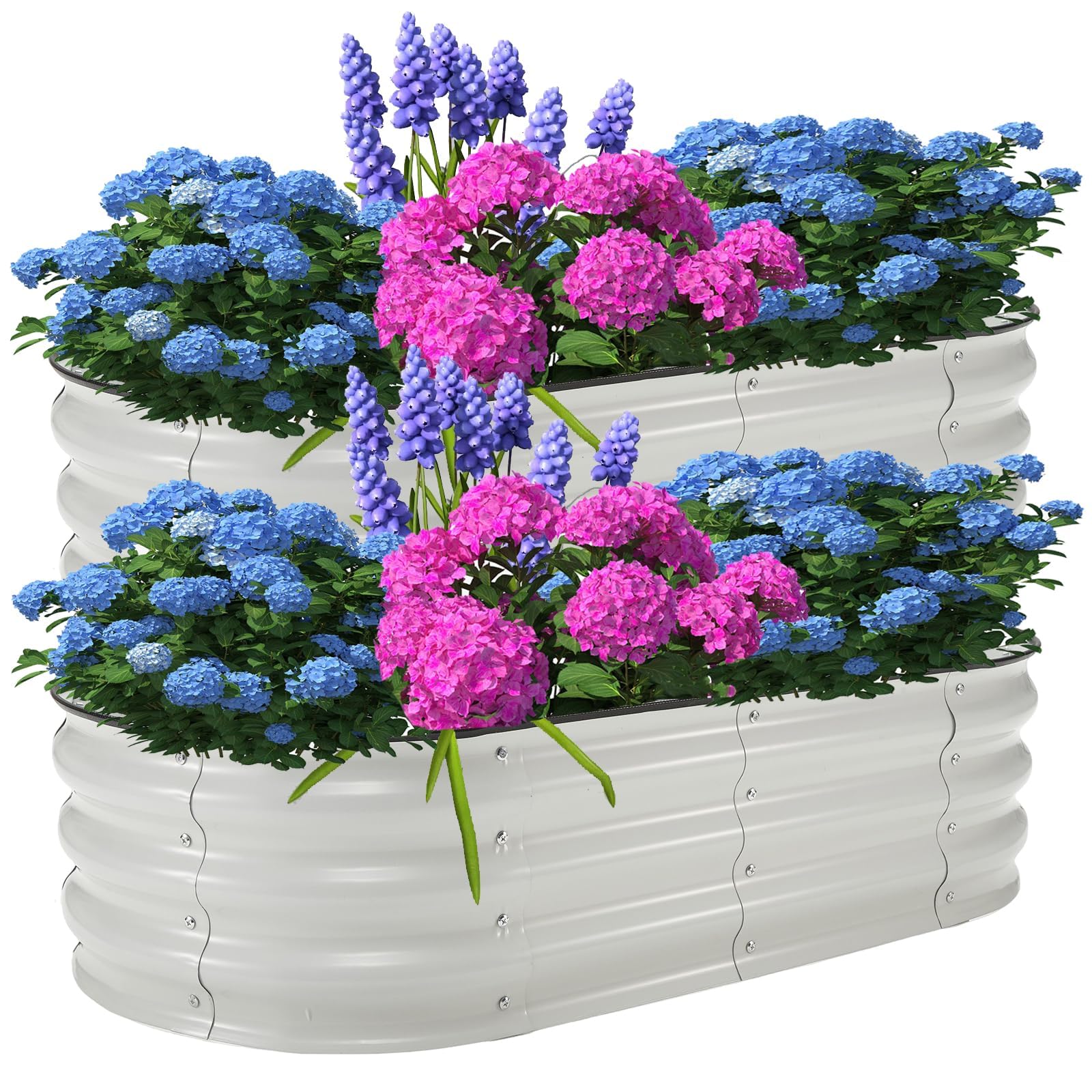 Aptliton White-2 Pcs-6Ft 2Pcs 6Ft X 3Ft X 1Ft Galvanised Steel Raised Garden Bed With Rubber Edge & Gloves, Oval Metal Planter Box For Vegetables Flowers Herbs, Outdoor Patio Backyard Gardening, White