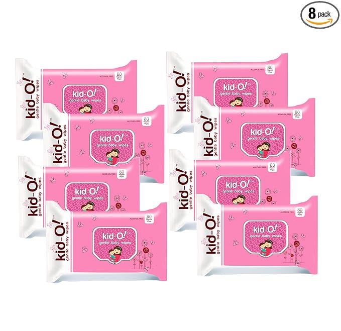 Kido Gentle Baby Wet Wipes with Aloe Vera, 15 cm x 20 cm, Combo of 8 (Kido Pink, 80 * 8=640 Count)