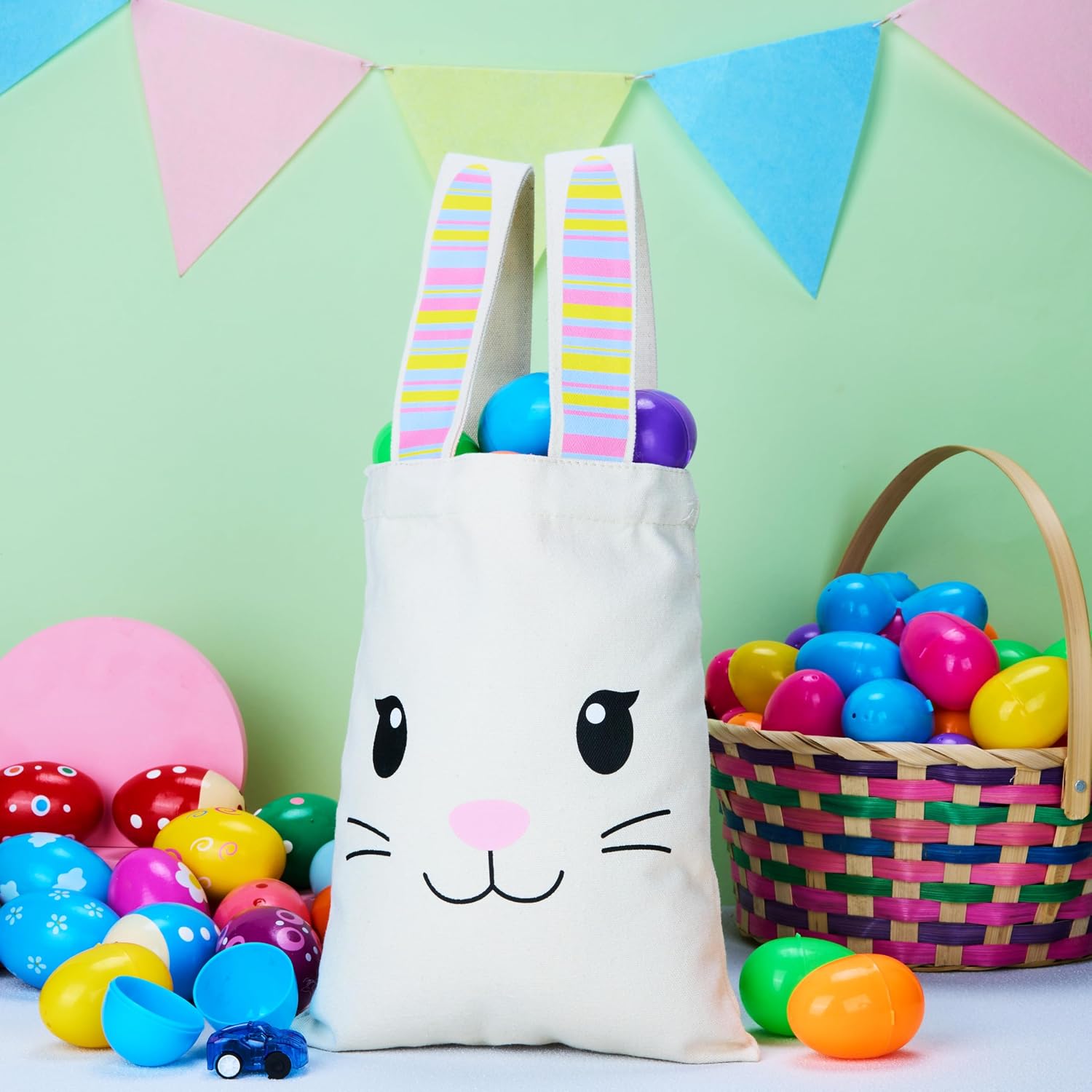 JOYIN 3 PCS Easter Reusable Canvas Gift Bags with Handles, 10”x 8” Large Bunny Easter Gift Treat Candy Bags Bulk Basket for Kids Party Favors and Egg Hunt | 3 PCS