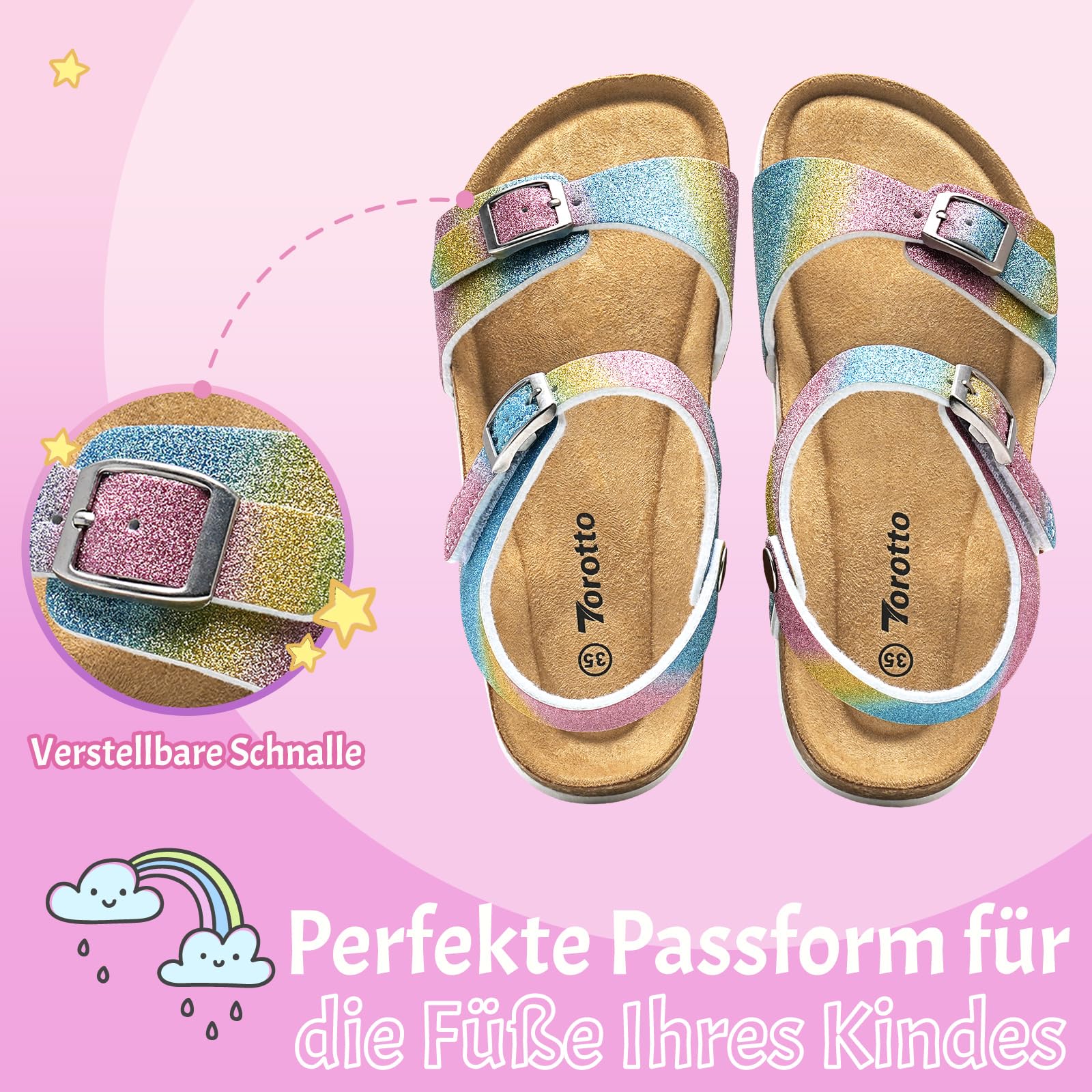 Torotto Sandalen Mädchen Jungen Mit Kork Sandals Kinder Pantoffeln Riemen Verstellbare Schnalle Rutschfeste Mit Klettverschluss Sandaletten für Drinnen und Draußen