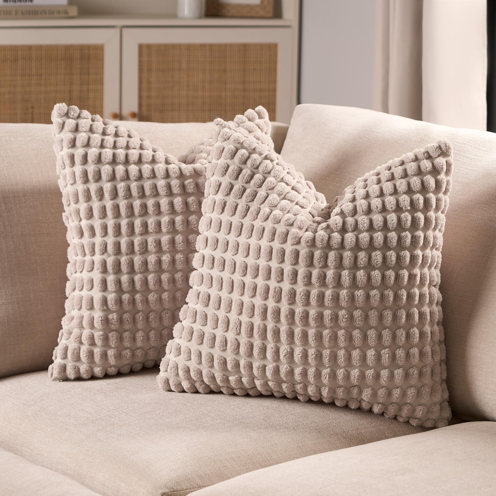 Ohs Natural Cushion Covers 4 Pack Bobble Textured Cushion Covers With Hidden Zipper, Soft Stylish Bobble Textured Design Pillow Covers For Livingroom Bed Sofa, -45X45cm