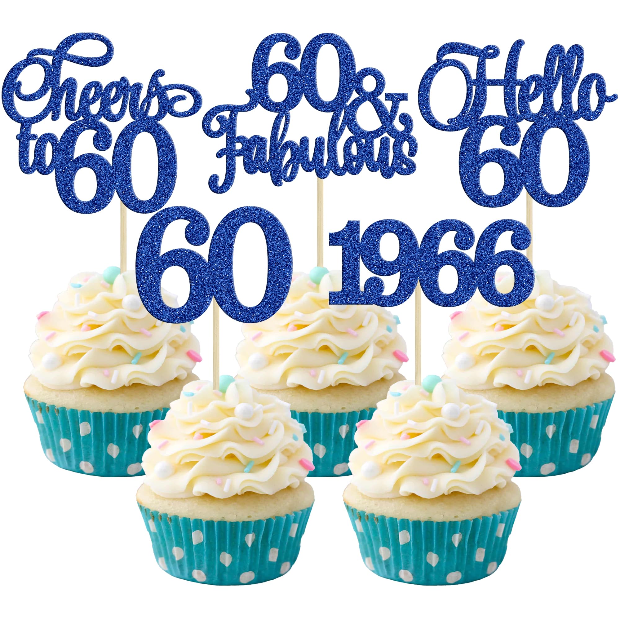Gyufise 30Pcs 60th Birthday Cupcake Toppers 60 Fabulous Cupcake Picks Cheers to 60 1966 Cake Decorations for Happy 60th Birthday Wedding Anniversary Party Decoration Supplies Blue