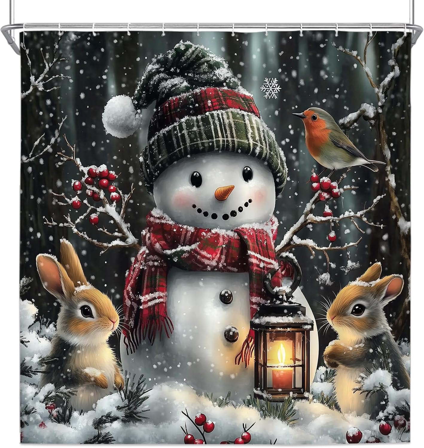 Christmas Shower Curtains Cute Snowman Bird and Rubbit Animal Winter Snow Scenery Happy New Year Holiday Decor Bathroom Partition Polyester Curtain Set 106 x 70 Inch with Hooks