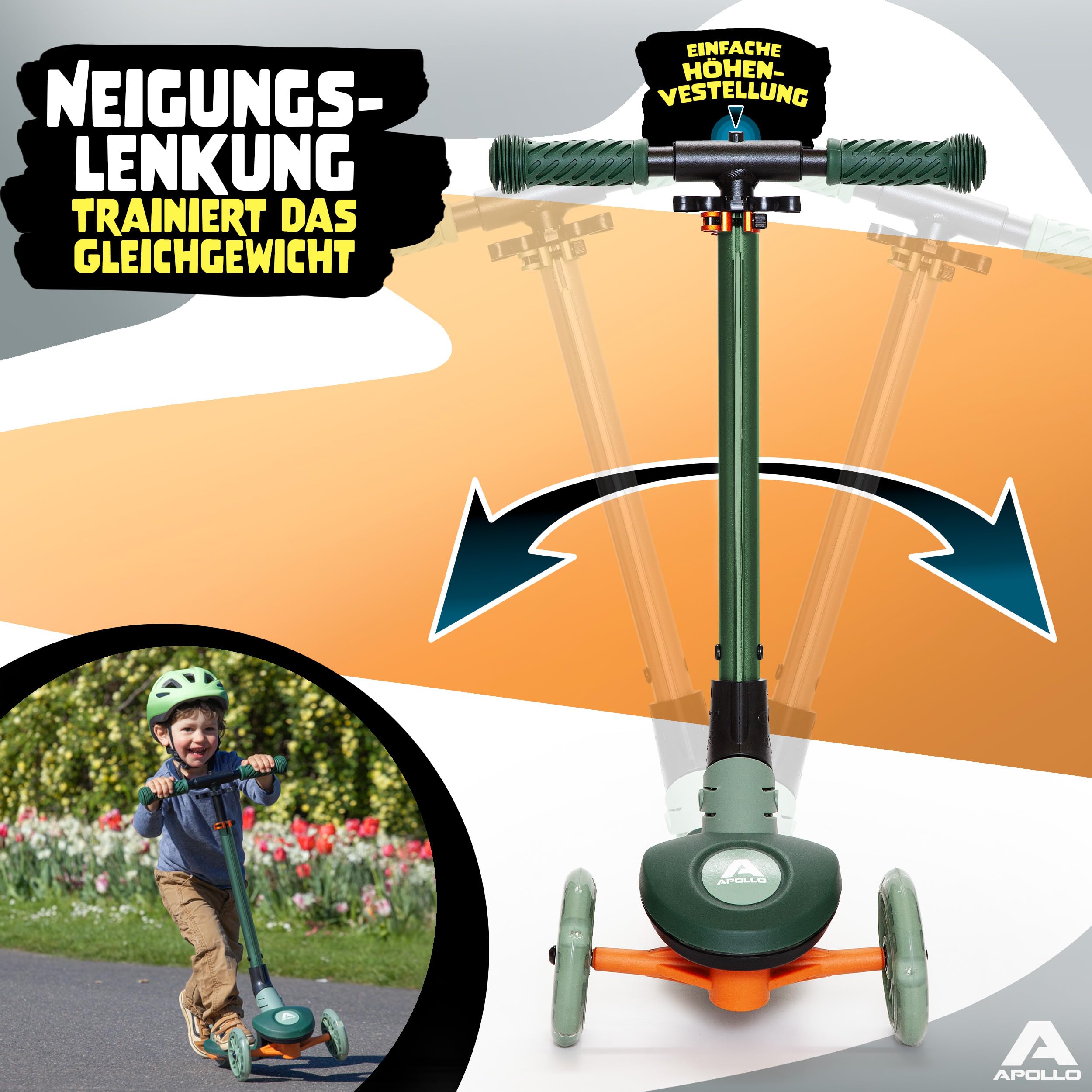 Apollo Whizzie LED Kinderroller, klappbarer Kinder Scooter, höhenverstellbarer Dreiradscooter für Kinder ab 3 Jahre, LED-Effekt in Rollen, Lenker und Deck, 3-Rad Roller im coolen Design