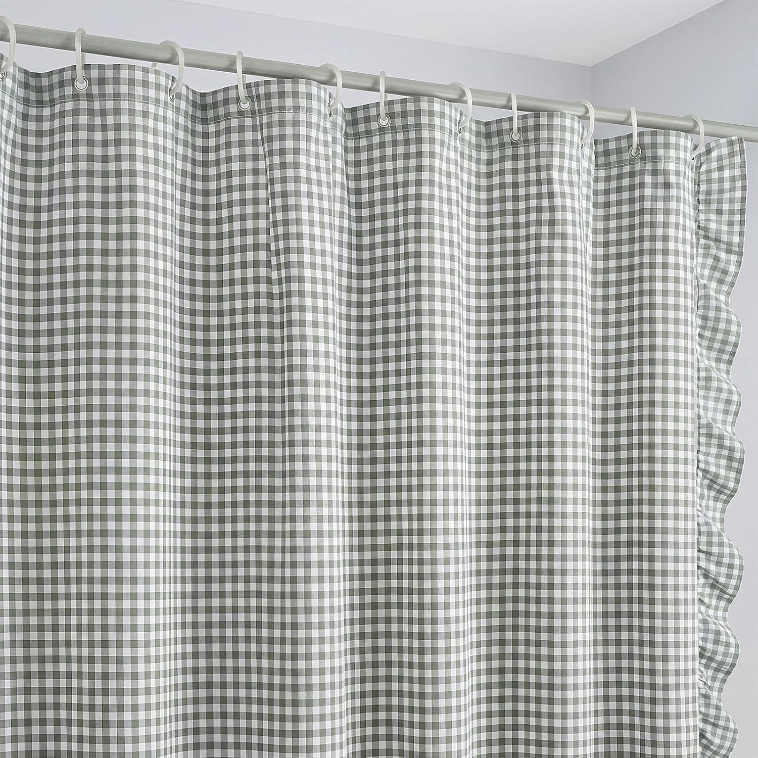 HunnmingRe Ruffled Gingham Shower Curtain Sage Green