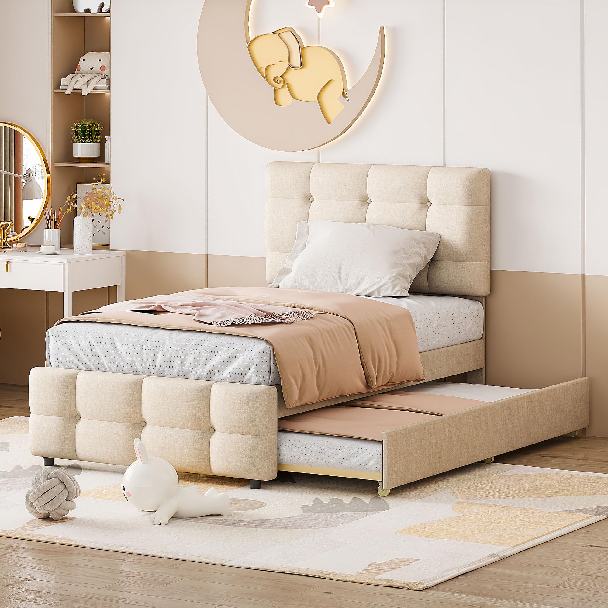 Cama tapizada de 90 x 200 cm, cama nido extraíble, cabecero ajustable, acolchado de lino agradable al tacto, cama individual plana, cama para niños, cama juvenil, cama de invitados (beige)