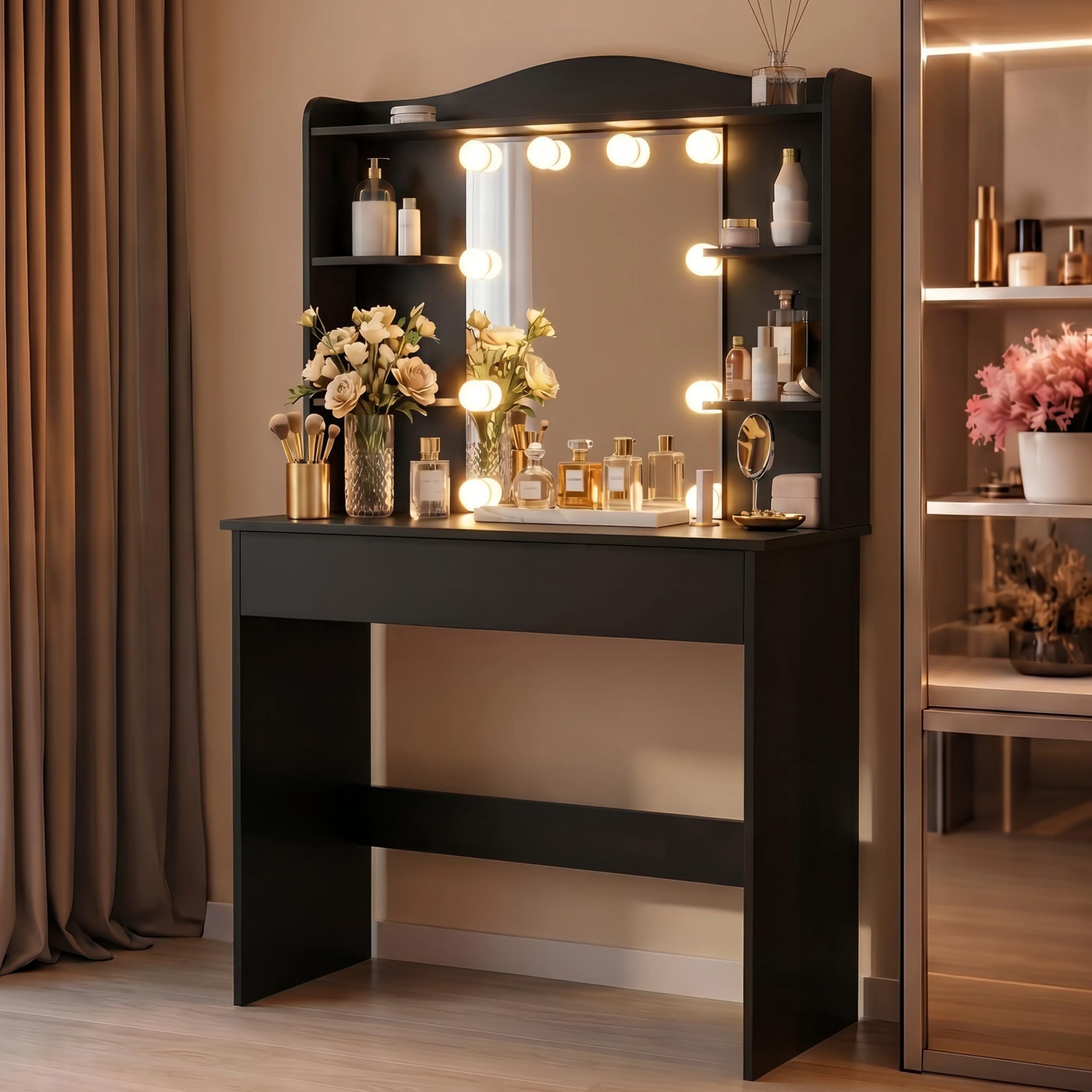 Blisswood Dressing Table, Black Vanity Table with Mirror and Lights, 10 LED Bulbs with Adjustable Brightness & 3 Colour Modes, 1 Large Drawer & 7 Storage Shelves, Makeup Table for Bedroom Furniture