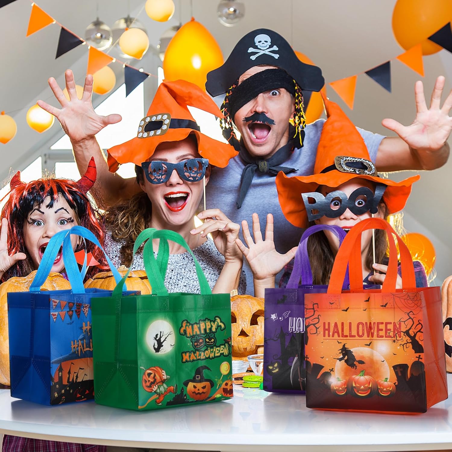 Paterr 32 Pcs Halloween Bags Halloween Tote with Handles Trick or Treat Bags Reusable Non Woven Gifts Bag for Wrapping Party Supplies Favors, 7.87 x 8.27 x 5.91inches - Image 5