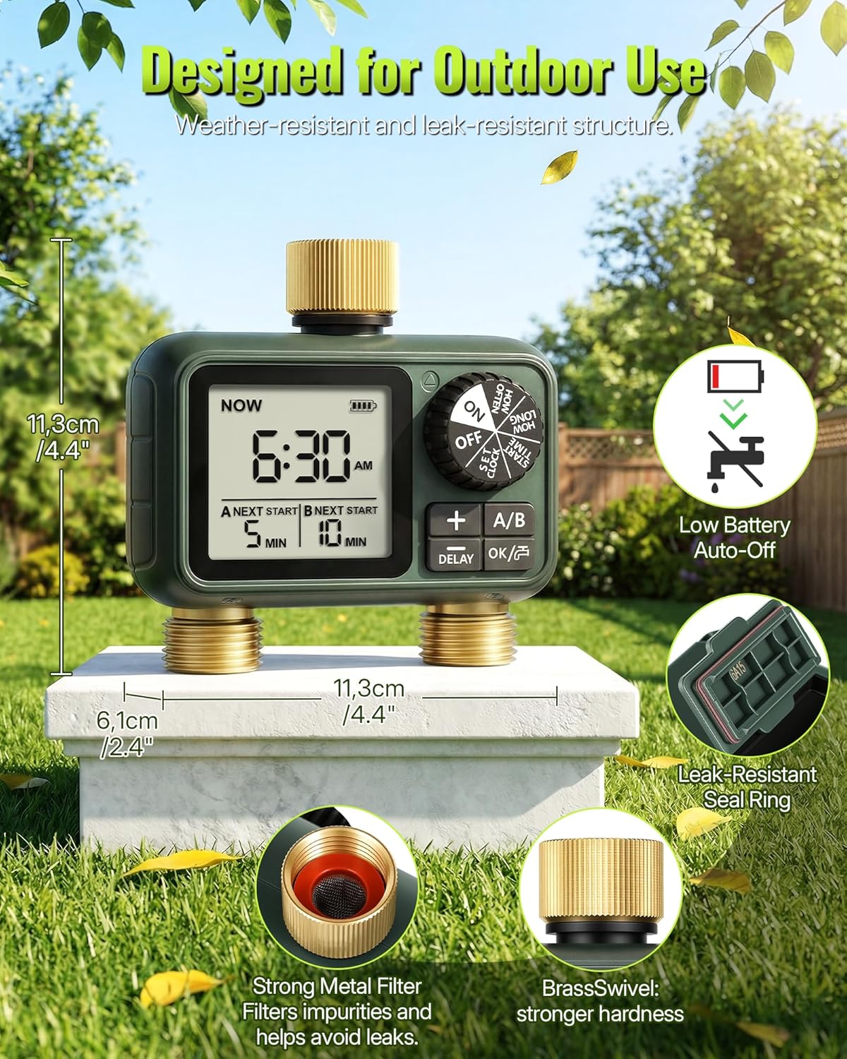 Brass Sprinkler Timer with Swivel, Programmable Water Timer for Garden Hose with Auto/Manual/Rain Delay Watering, Digital Irrigation System Kit,for Garden, Yard, Lawn 2 Outlet F12WT06