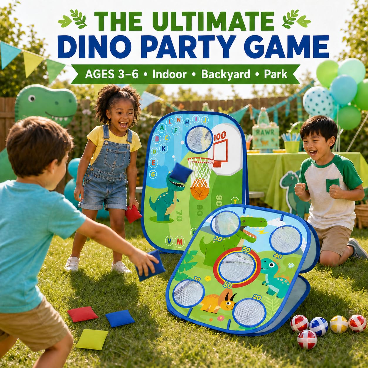 Gioco di lancio 6 in 1 a sacco di dinosauro - Giocattoli all'aperto per bambini 1-3, alfabeto ABC e apprendimento matematico - Gioco per feste in giardino per