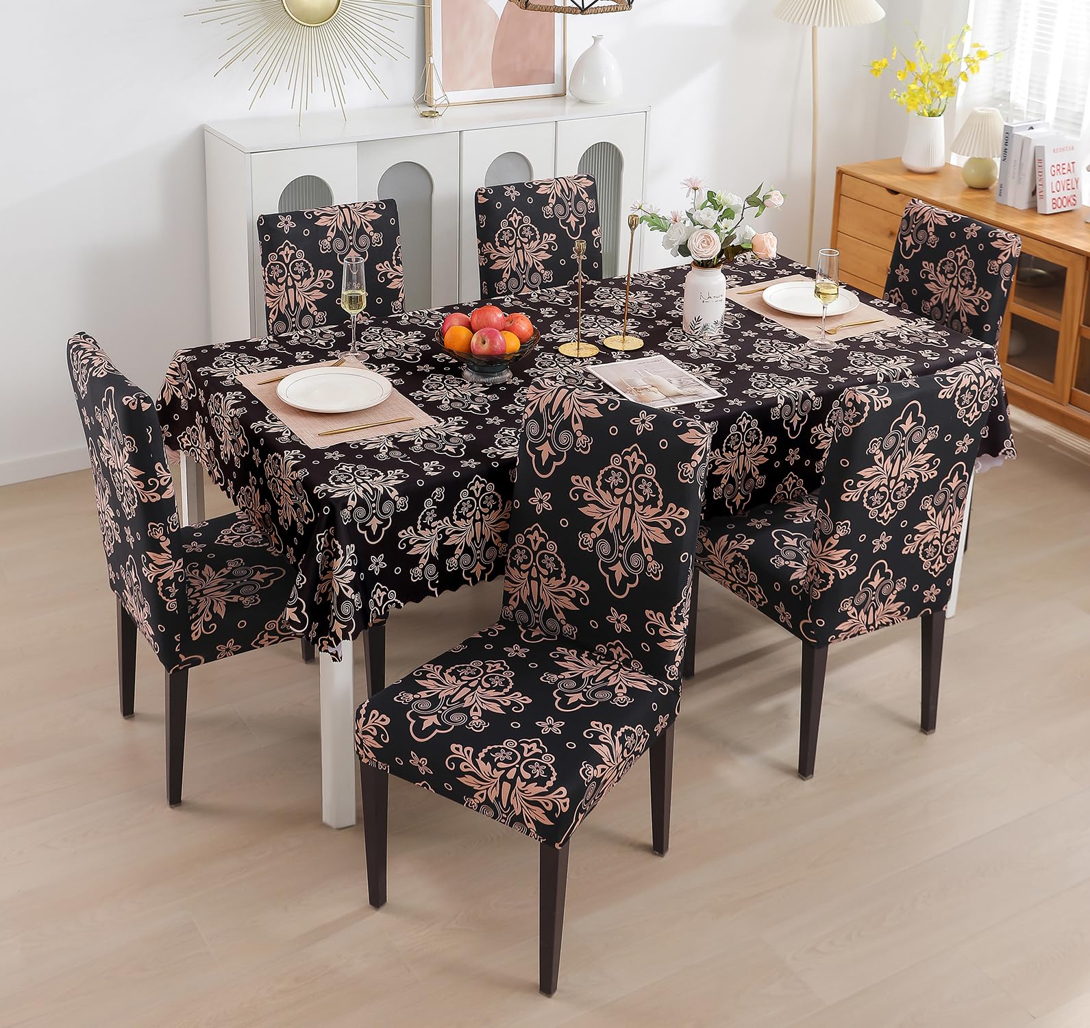 House of Quirk Polyvinyl Chloride (PVC) Dining Chair Cover with Rectangular Table Covers for Kitchen Waterproof Dining Table Cloth (Cambric Black, 1 Rectangular Table Cover + 6 Chair Cover)