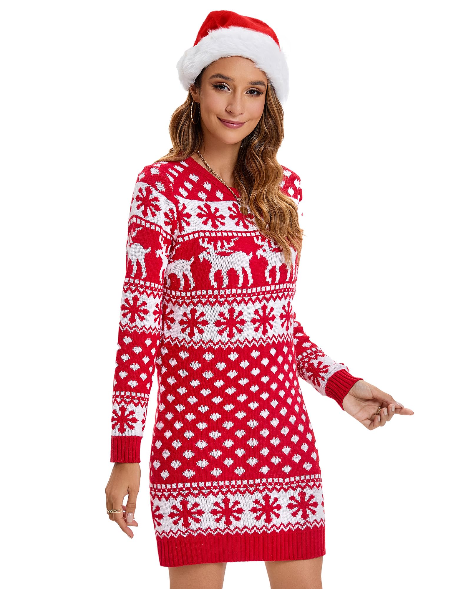 Fourluoo Ugly Christmas Sweaters Dresses with Santa Hat Knit Sexy Christmas Outfits for Women