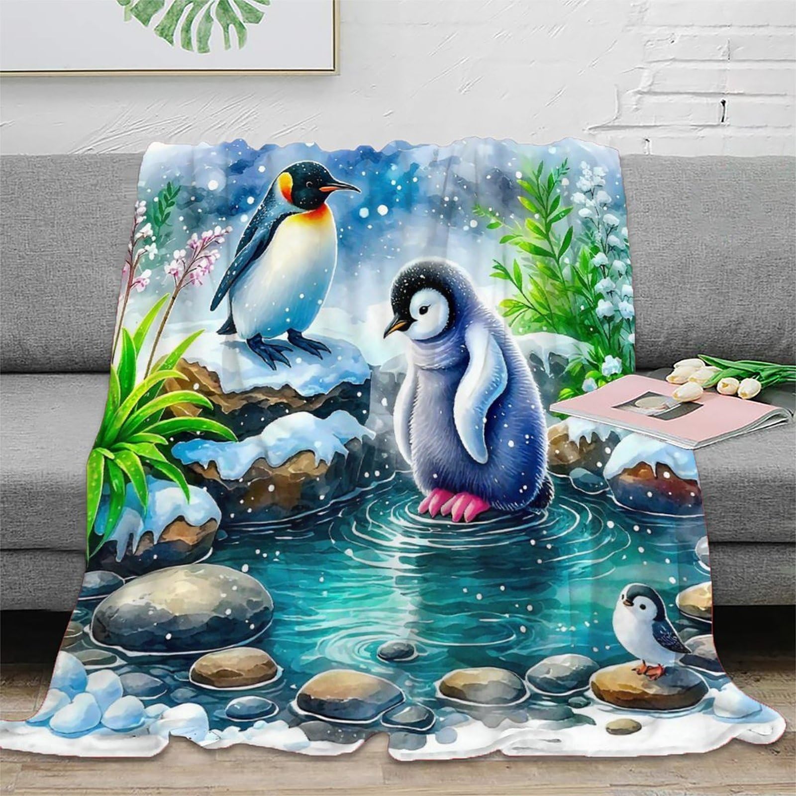 Couverture pingouin peluche chaude anti-froid pour canapé et couchage d'appoint 100x130